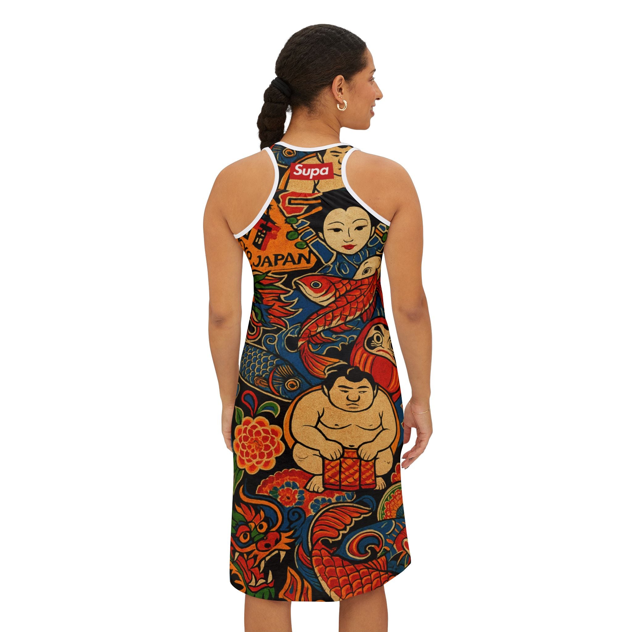Japanese Tattoo-Inspired Racerback Dress — Koi, Daruma & Sumo Print