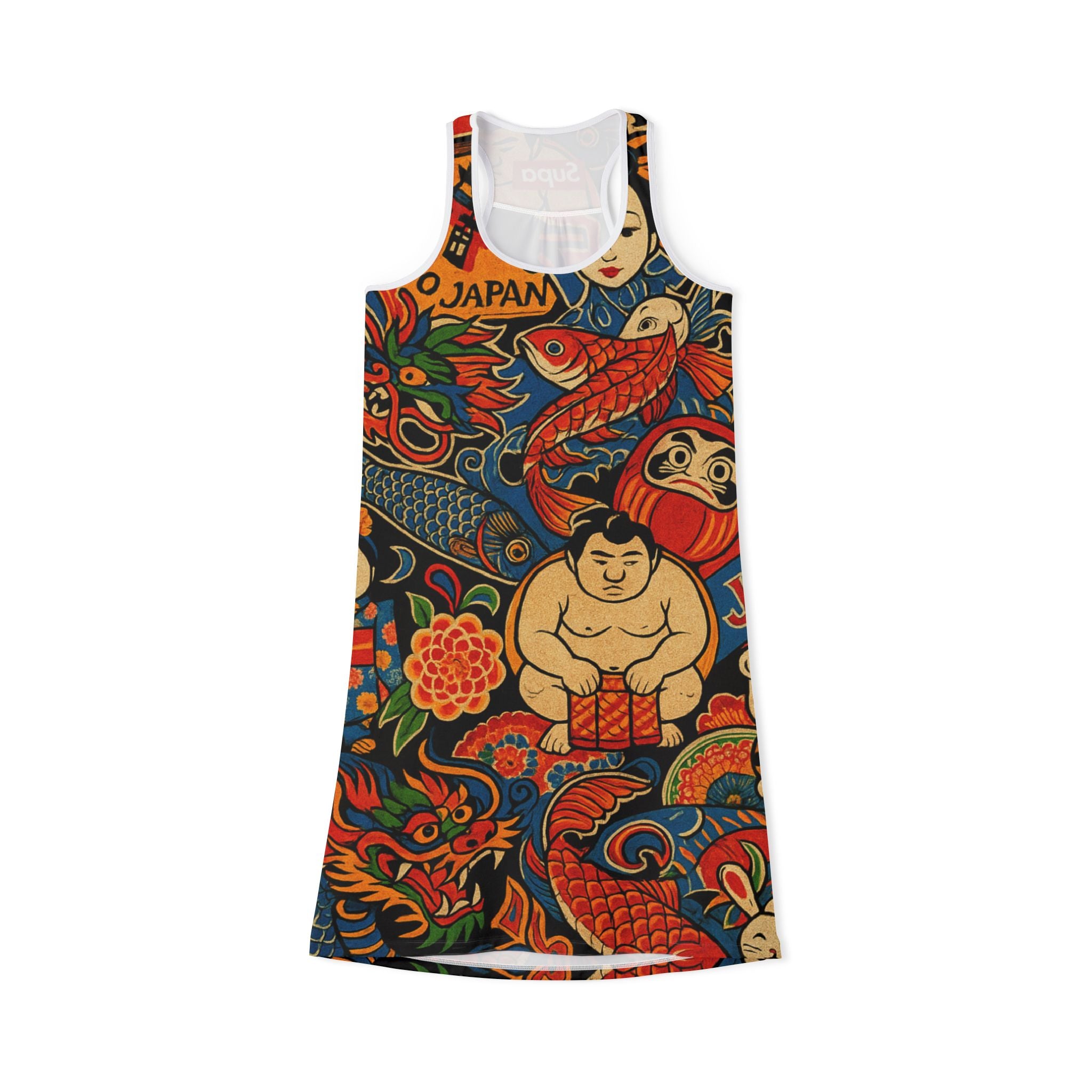 Japanese Tattoo-Inspired Racerback Dress — Koi, Daruma & Sumo Print