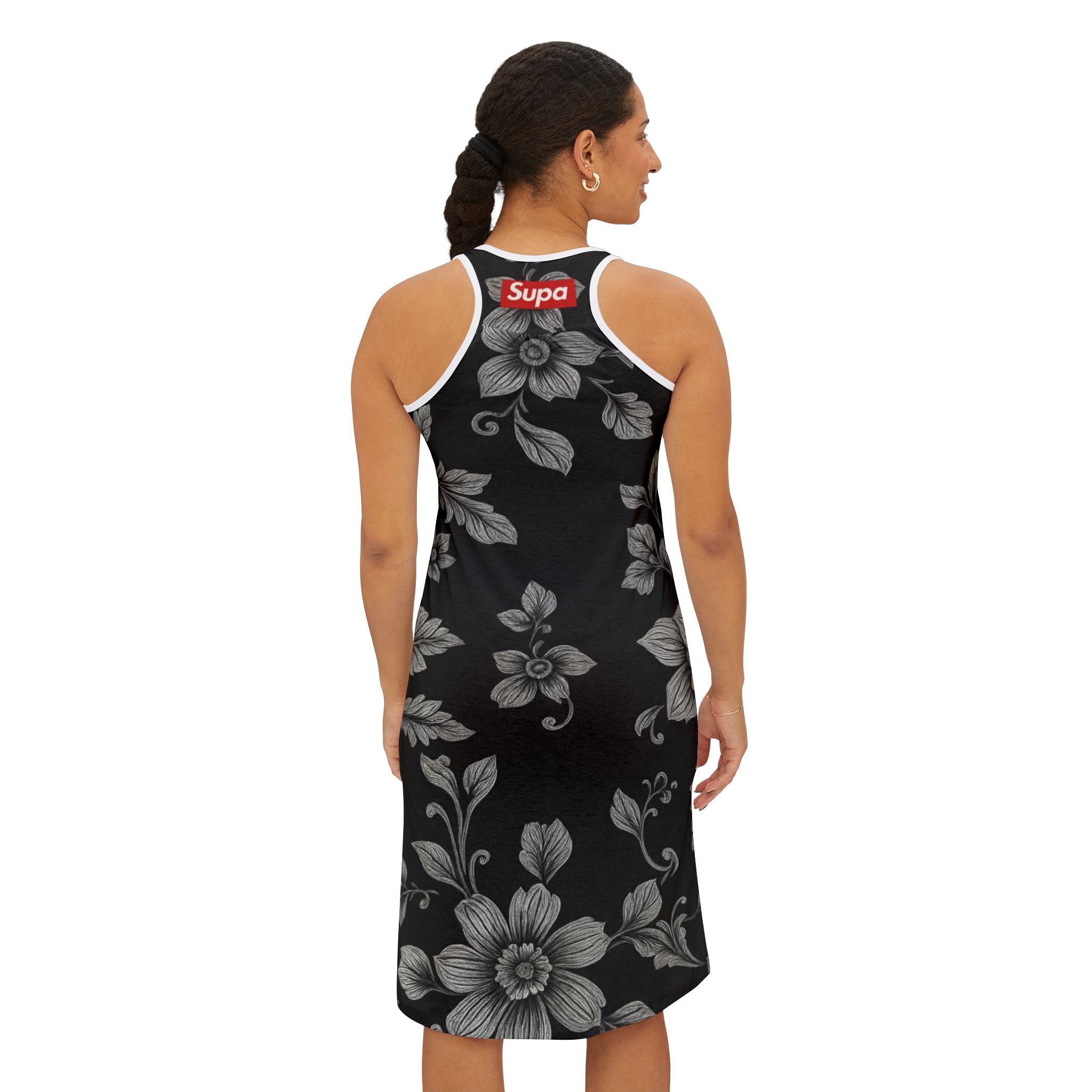 Floral Noir Racerback Dress – Black & Gray Vintage Flower AOP