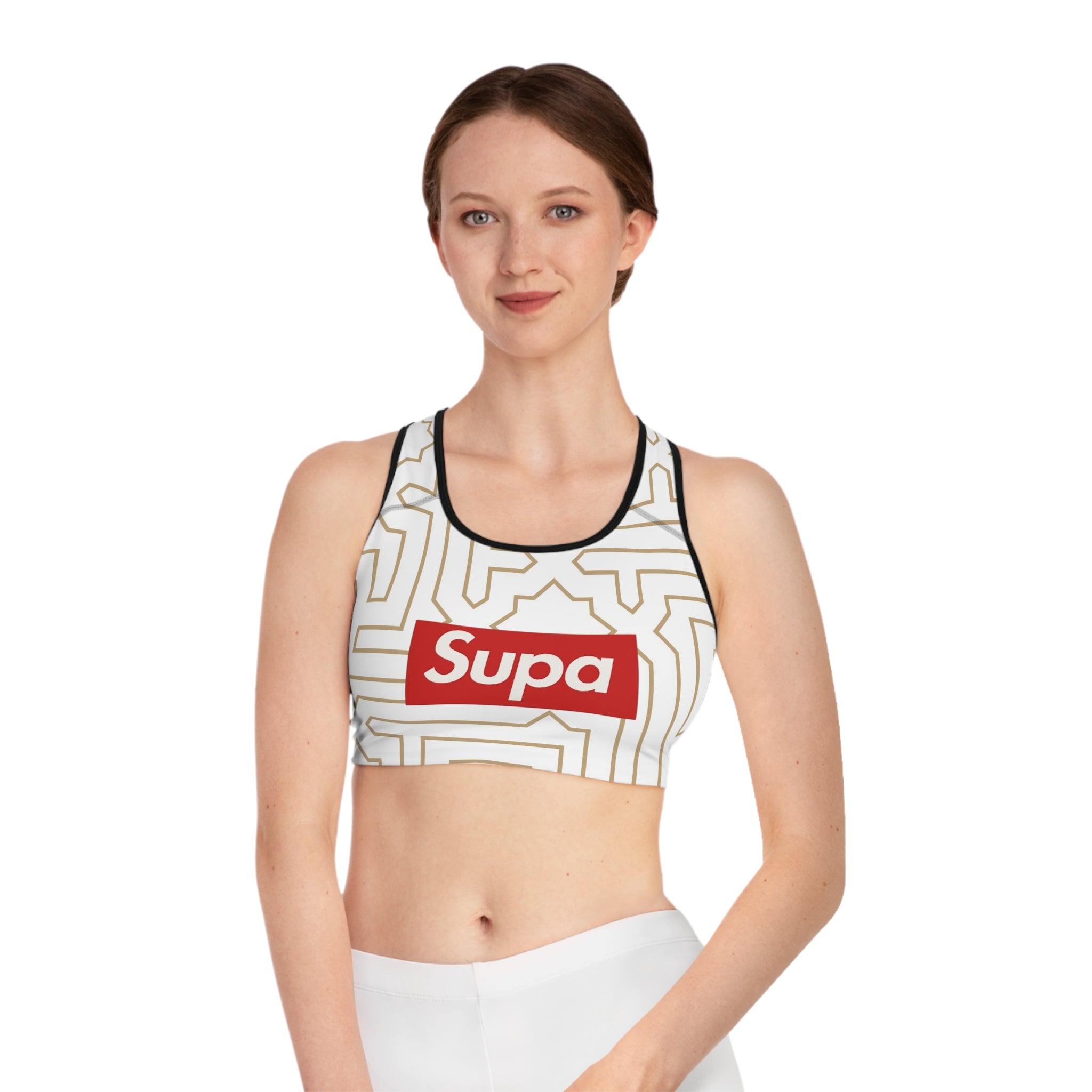 Geometric Gold Maze Sports Bra — 'Supa' Logo Activewear