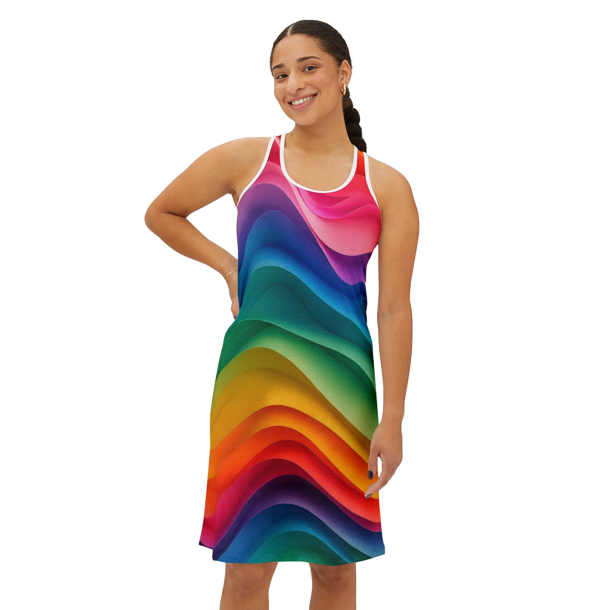 Rainbow Wave Racerback Dress — Vibrant Abstract AOP Sundress