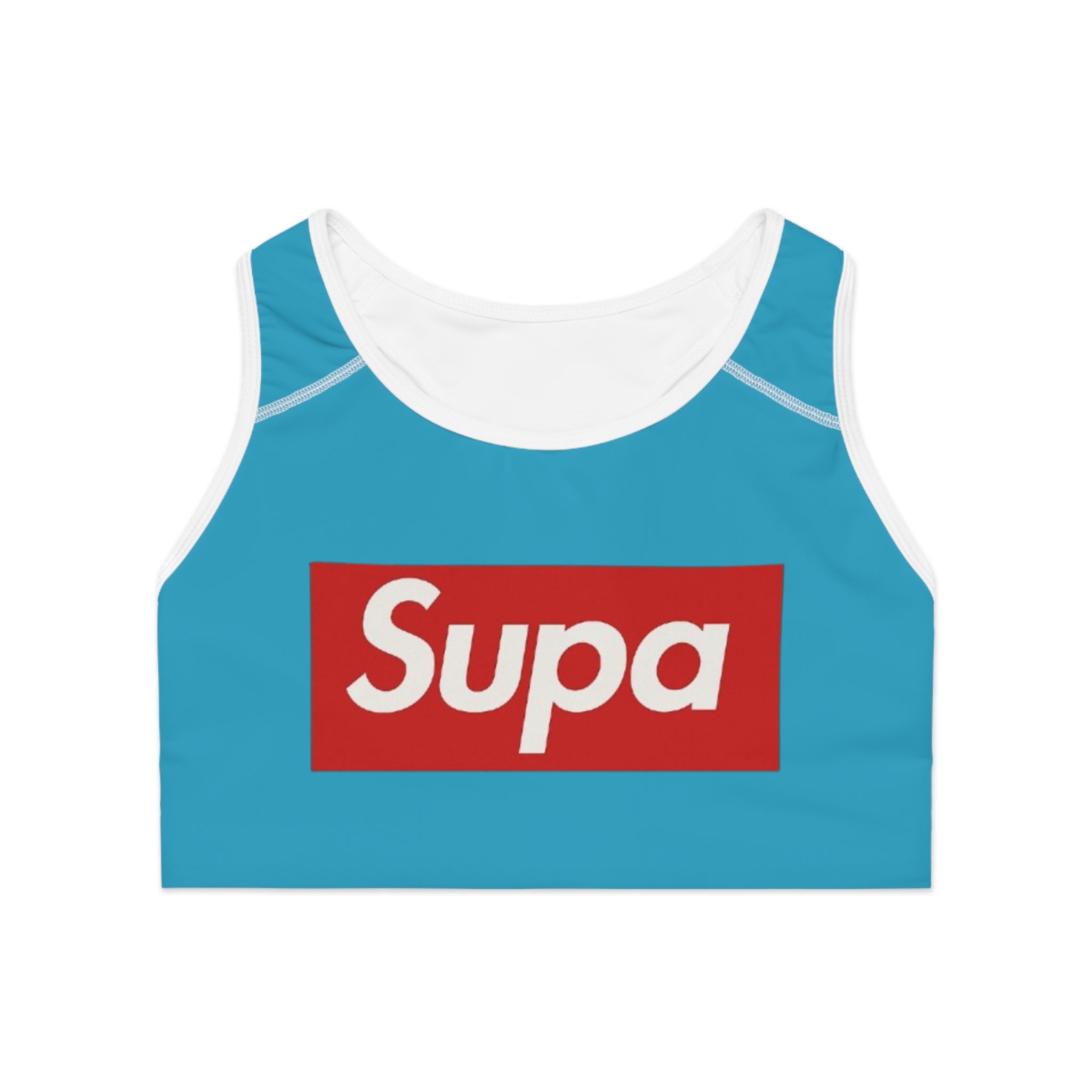 Supa Logo Blue Athletic Sports Bra — Retro Streetwear Active Crop Top