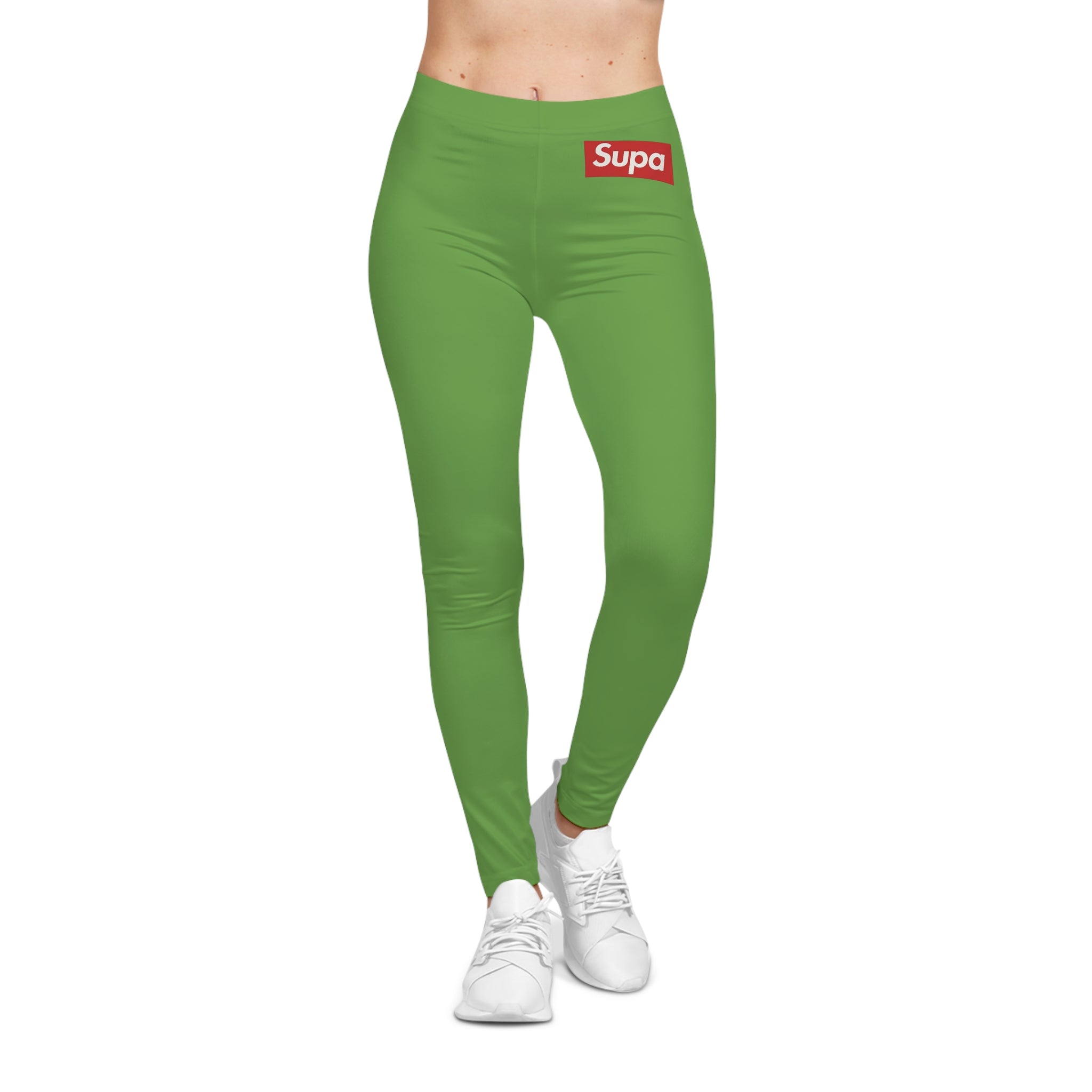 Green "Supa" Logo Leggings — Women's Casual All-Over Print