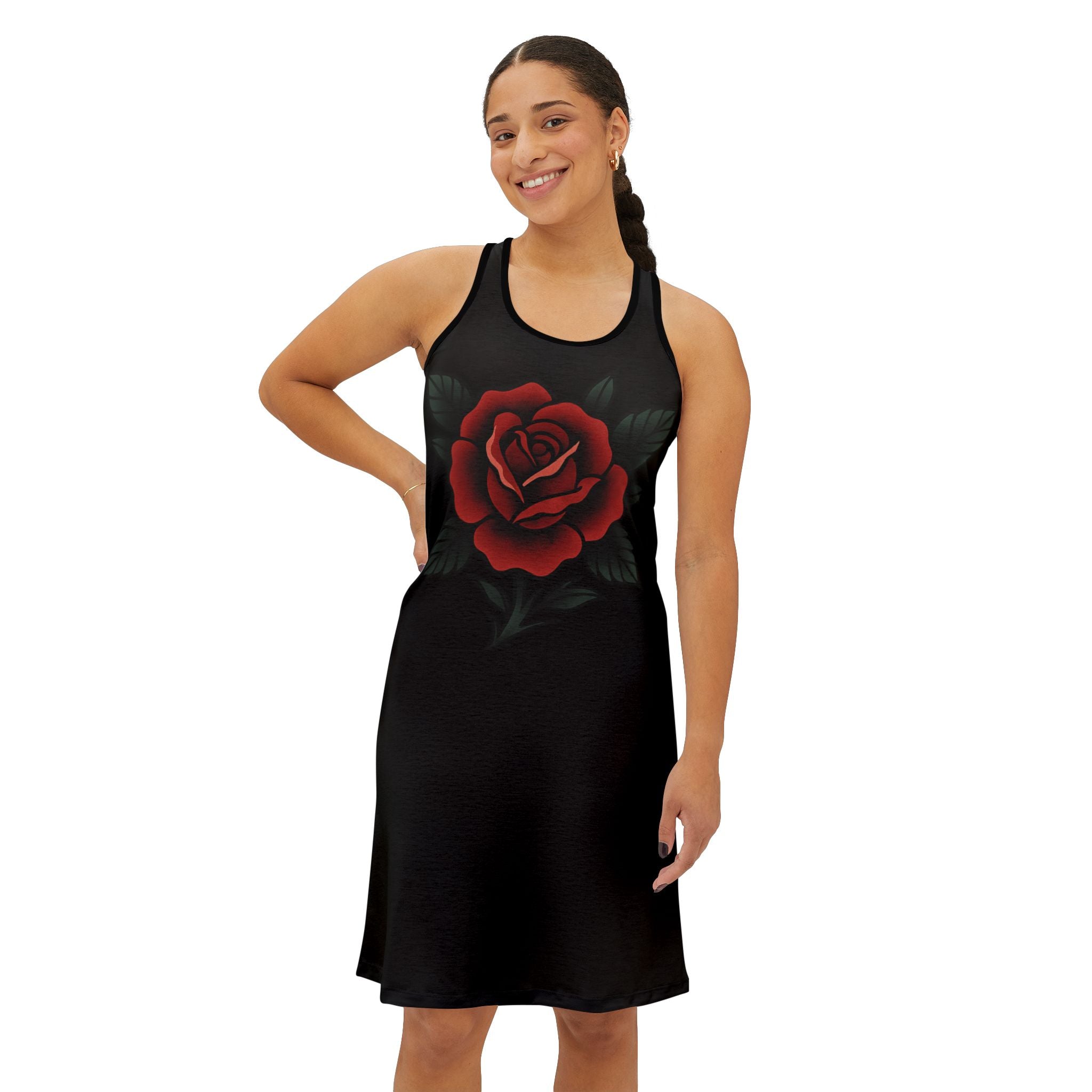 Black Racerback Dress with Vintage Red Rose Graphic — Women's Floral AOP Sundress