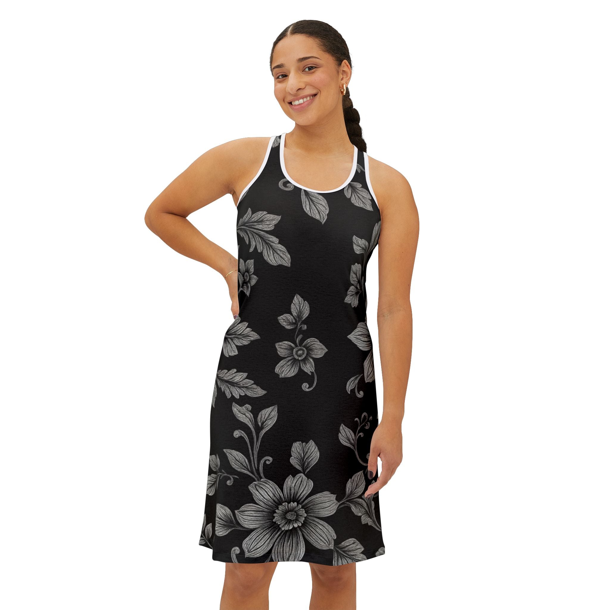 Floral Noir Racerback Dress – Black & Gray Vintage Flower AOP