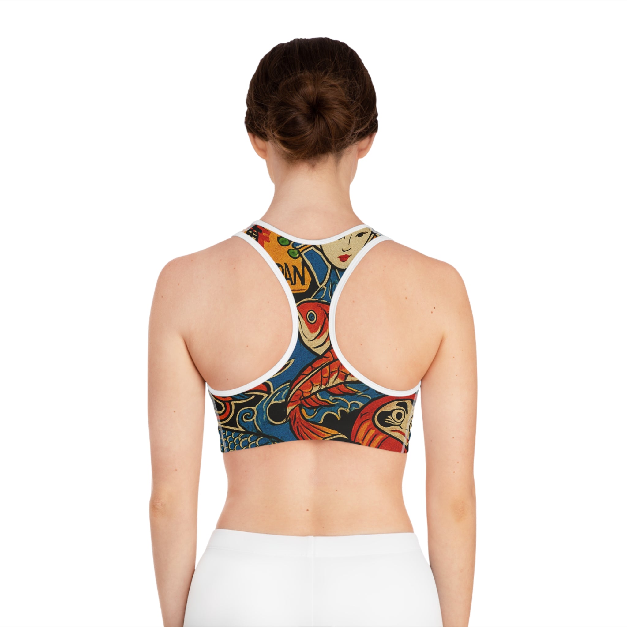 Japanese Tattoo Koi Sports Bra — Vibrant Koi, Daruma & Geisha AOP Activewear