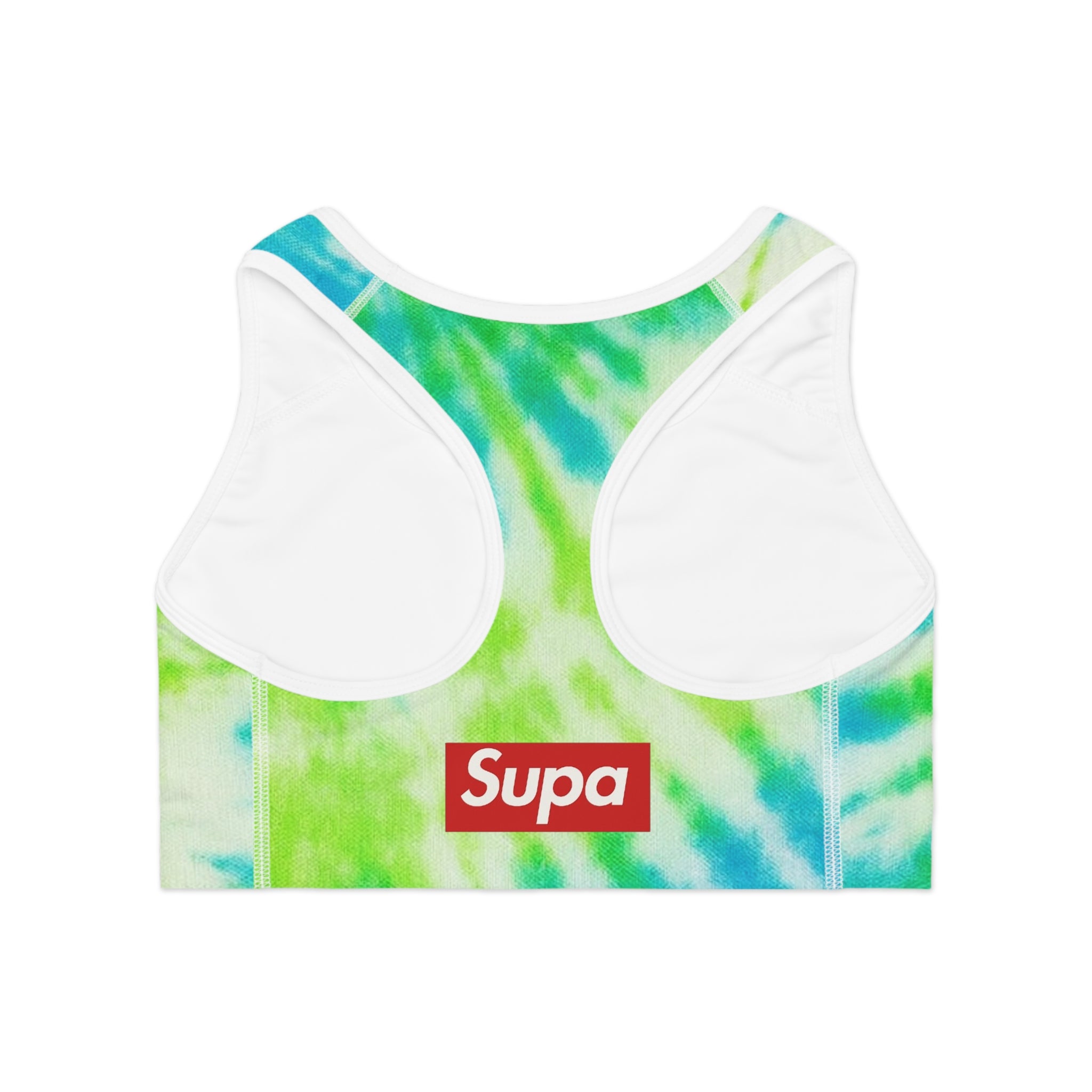 Tie-Dye Sports Bra — Green Blue Spiral Activewear with ‘Supa’ Logo