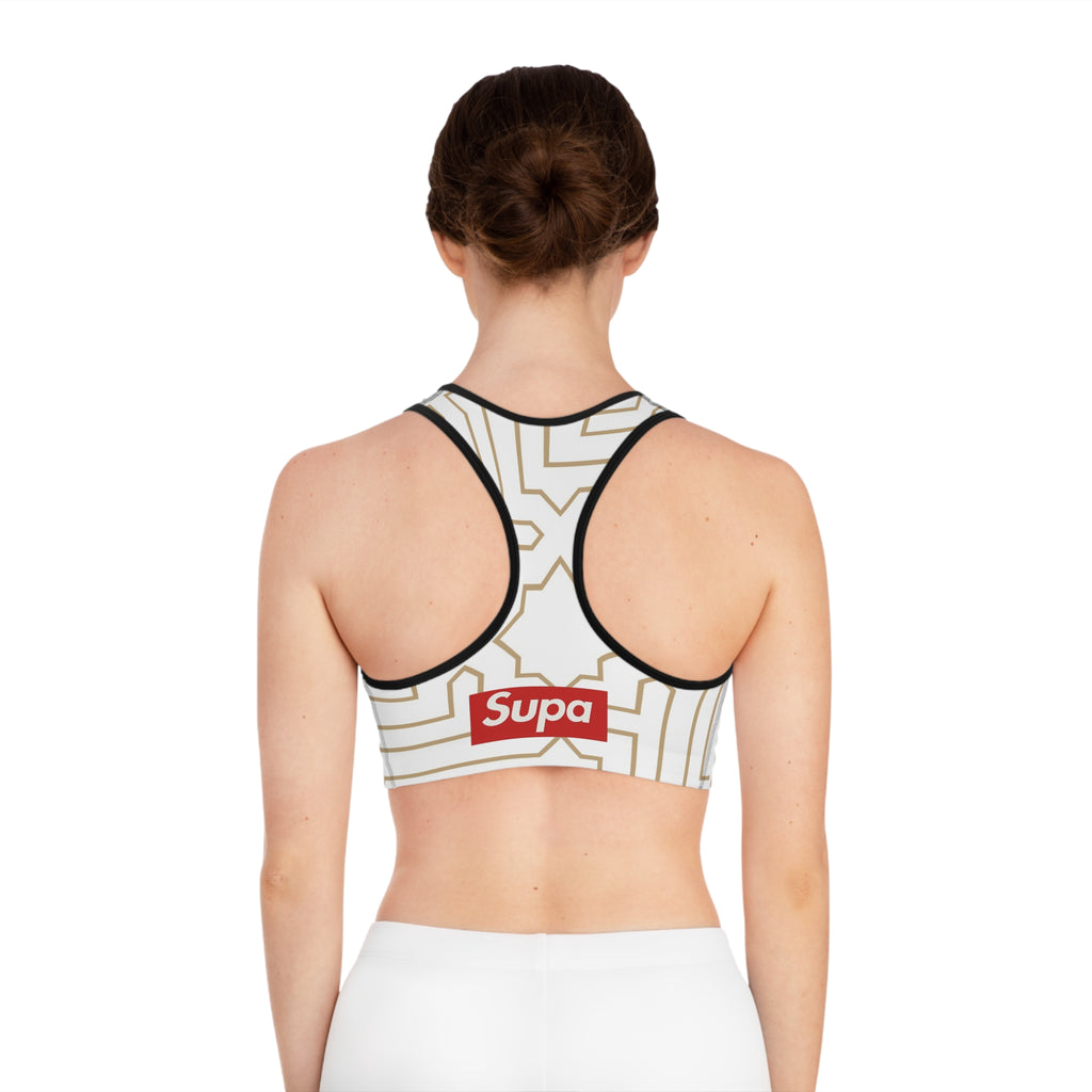 Geometric Gold Maze Sports Bra — 'Supa' Logo Activewear