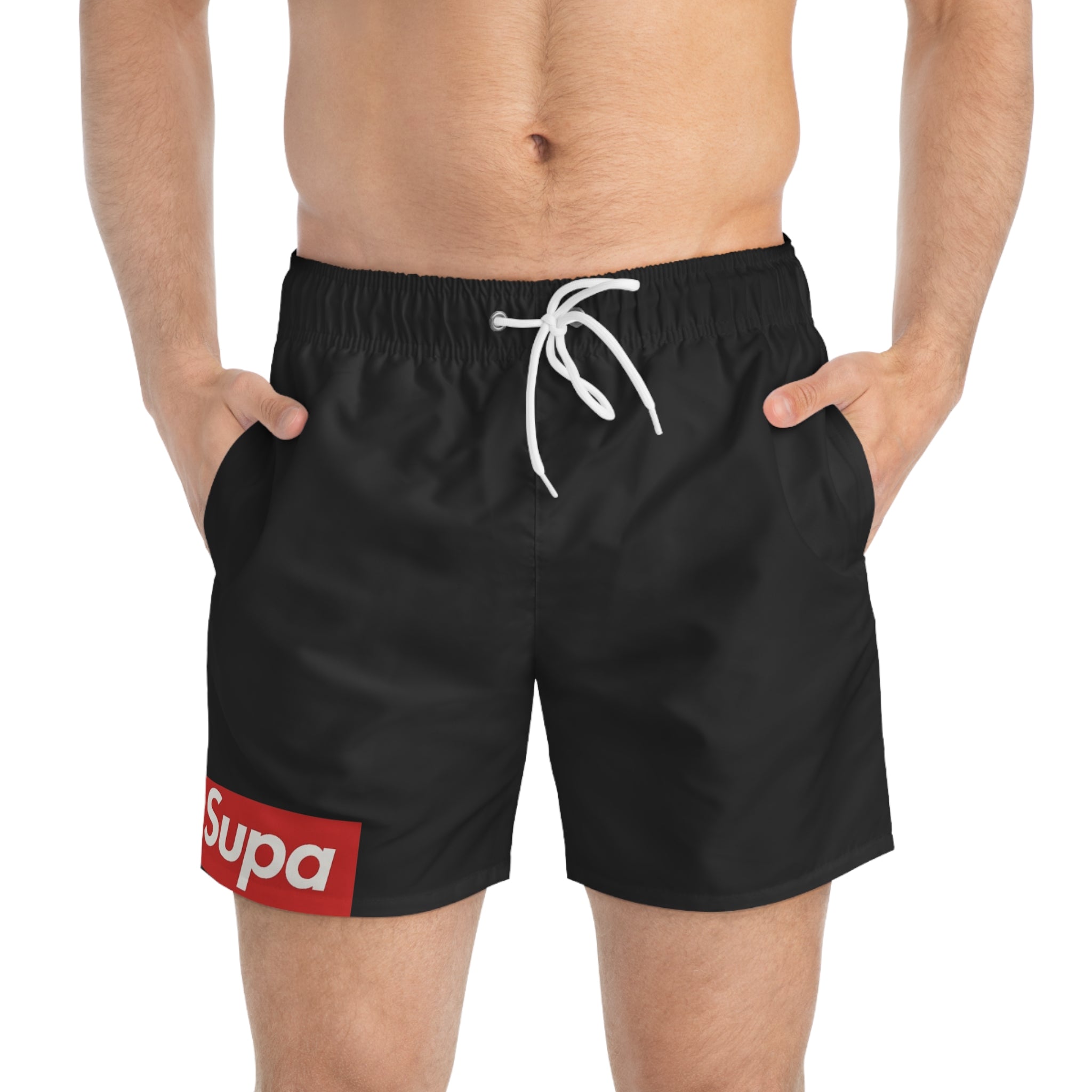 Swim Trunks — Black 'Supa' Logo Stylish Beach Shorts