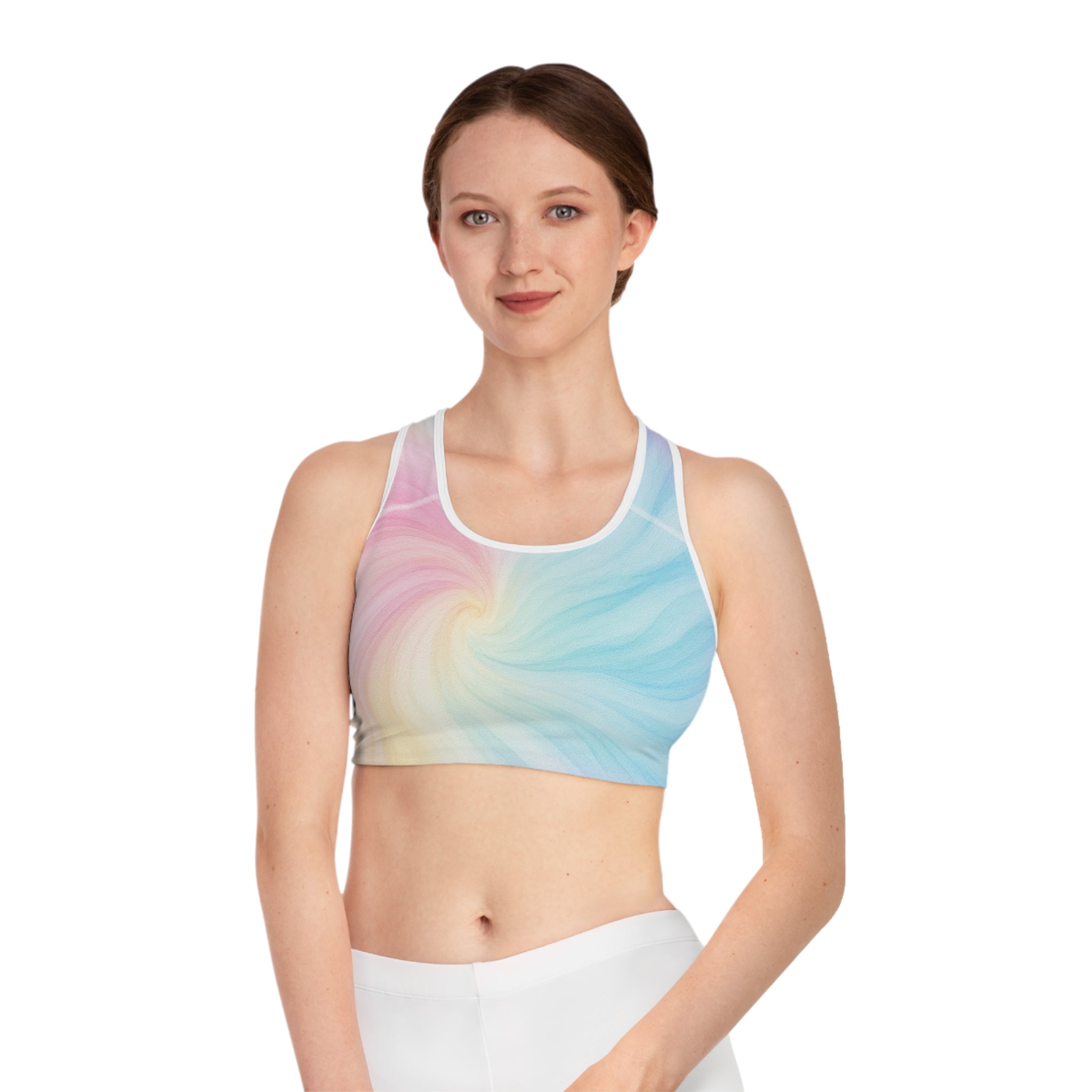 Pastel Swirl Sports Bra — Rainbow Tie-Dye Athletic Crop with 'Supa' Logo