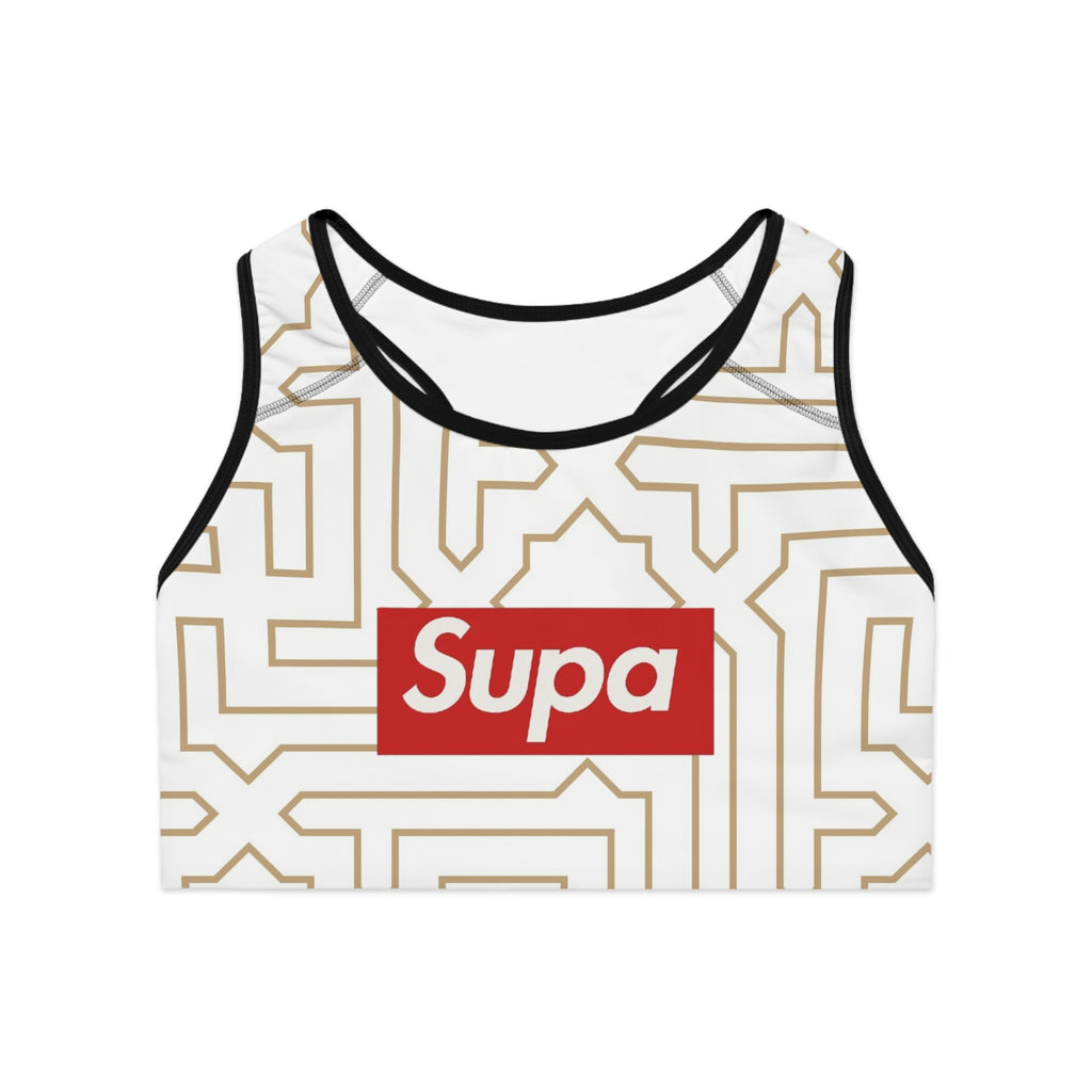 Geometric Gold Maze Sports Bra — 'Supa' Logo Activewear