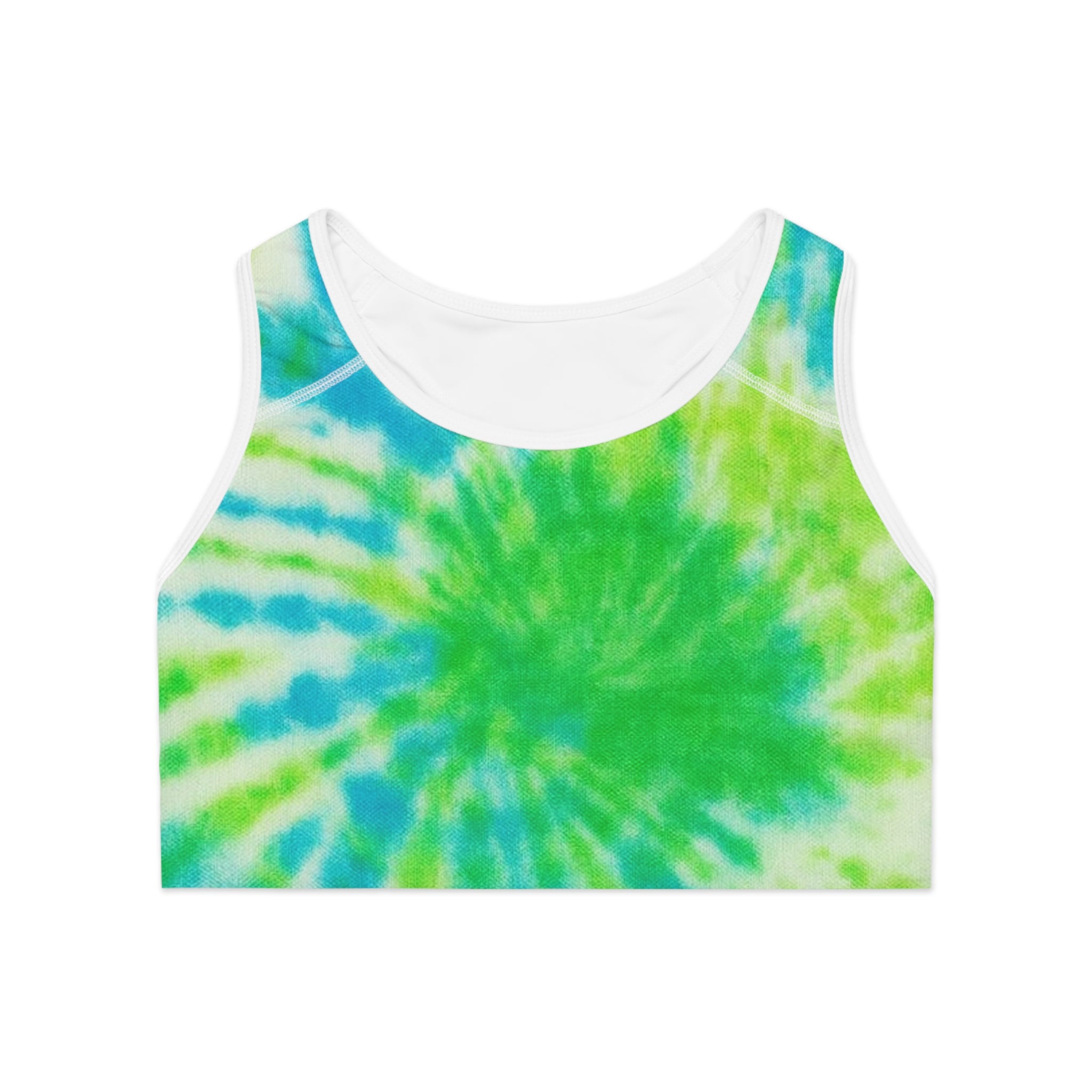 Tie-Dye Sports Bra — Green Blue Spiral Activewear with ‘Supa’ Logo