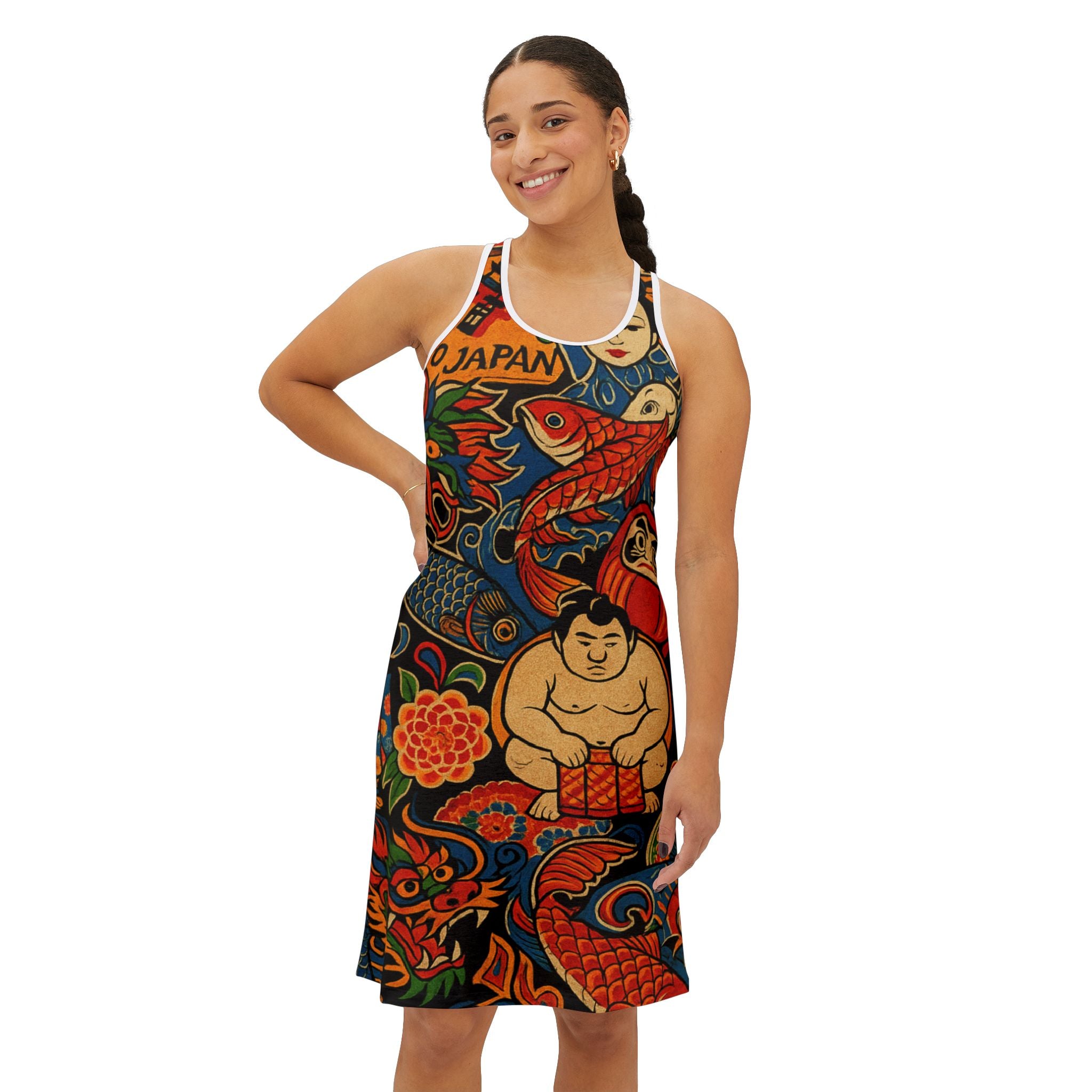 Japanese Tattoo-Inspired Racerback Dress — Koi, Daruma & Sumo Print