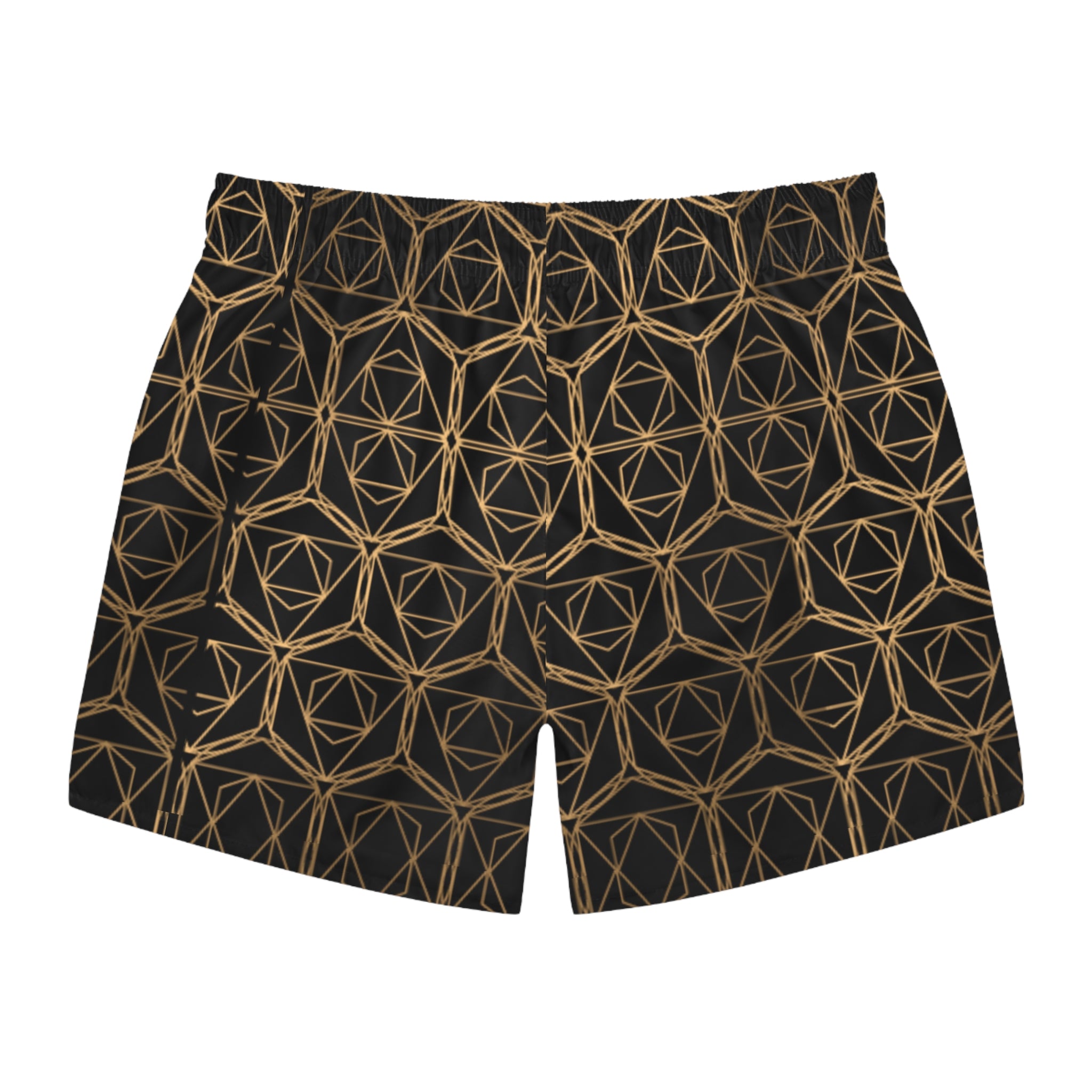 Gold Geometric Swim Trunks — Black & Metallic Patterned Swim Shorts