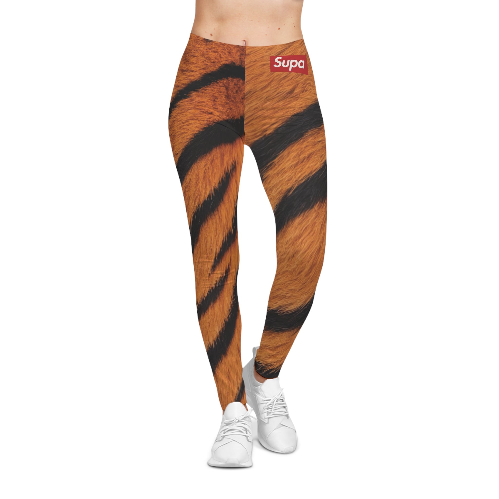 Tiger Print Leggings — Women's Bold Animal-Print AOP with 'Supa' Accent