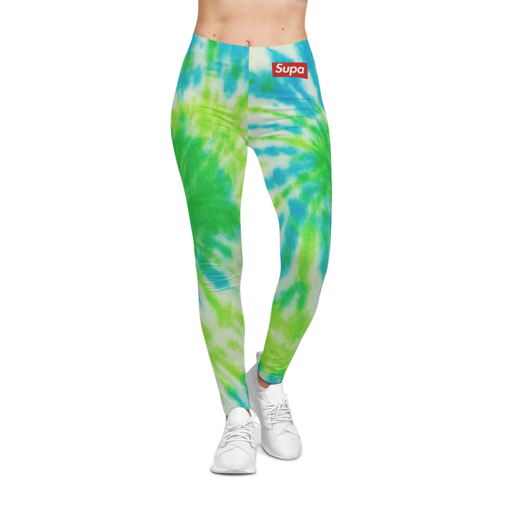 Tie-Dye Green Blue Leggings — 'Supa' Logo Casual AOP Leggings
