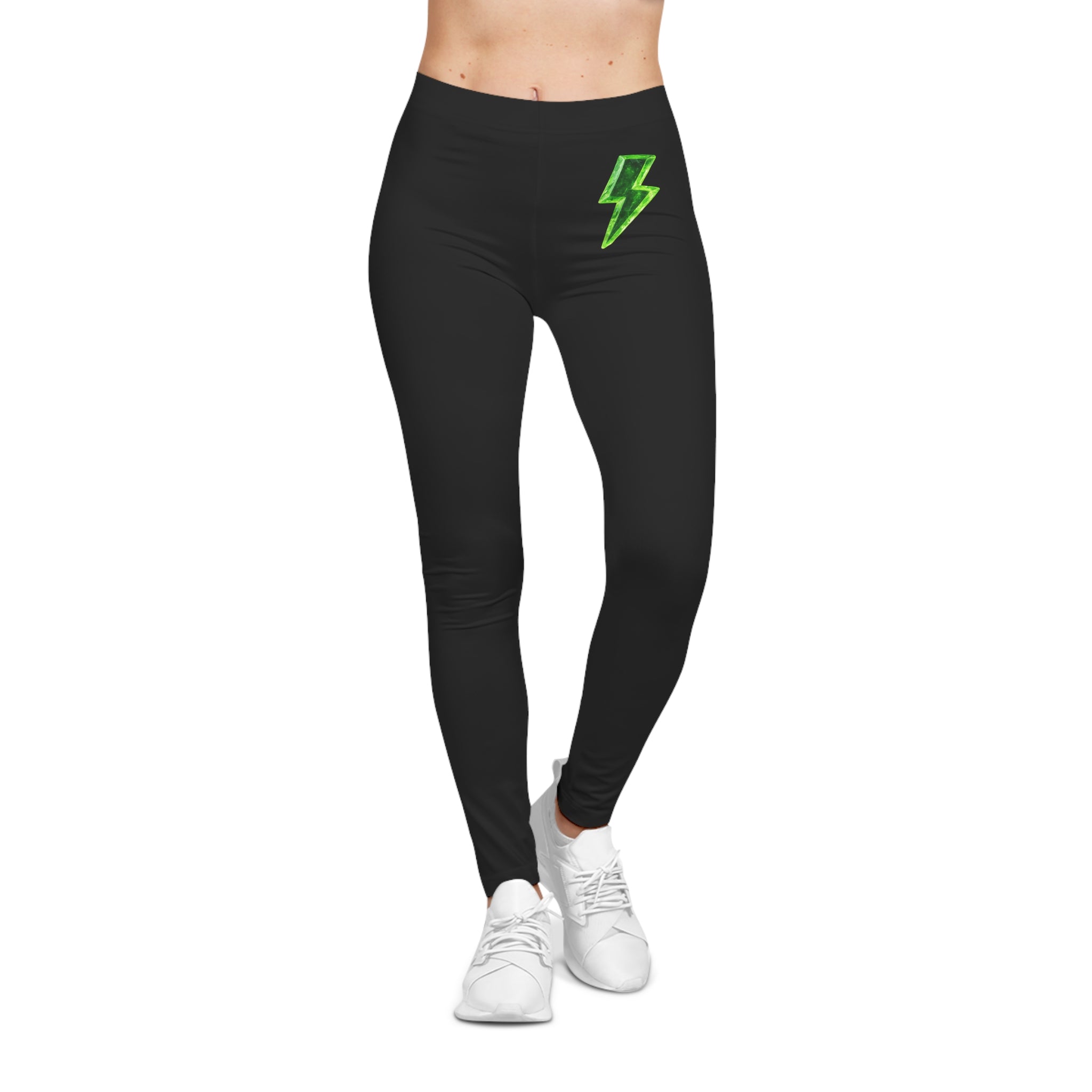 Black Leggings with Neon Green Lightning Bolt – Women's Casual High-Waist Activewear