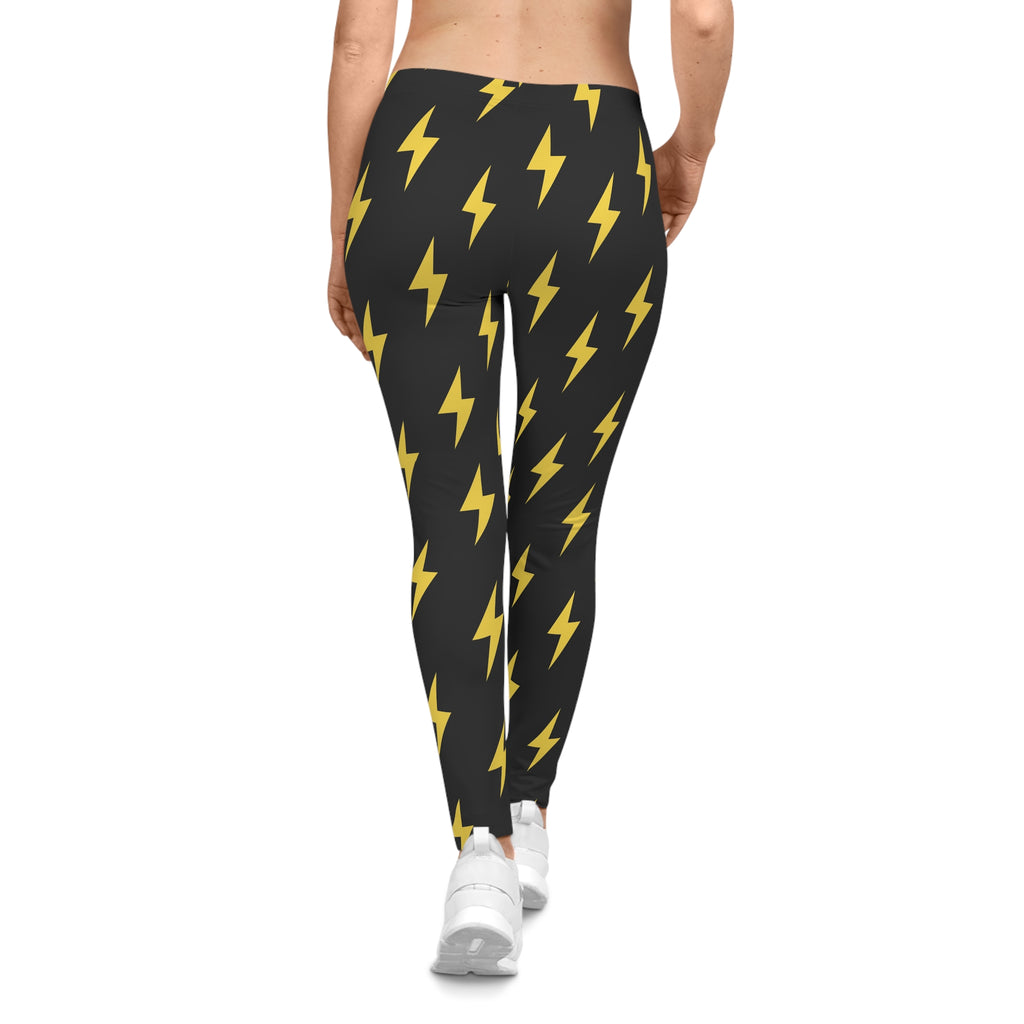 Lightning Bolt Leggings — Black & Yellow All-Over Print Casual Activewear