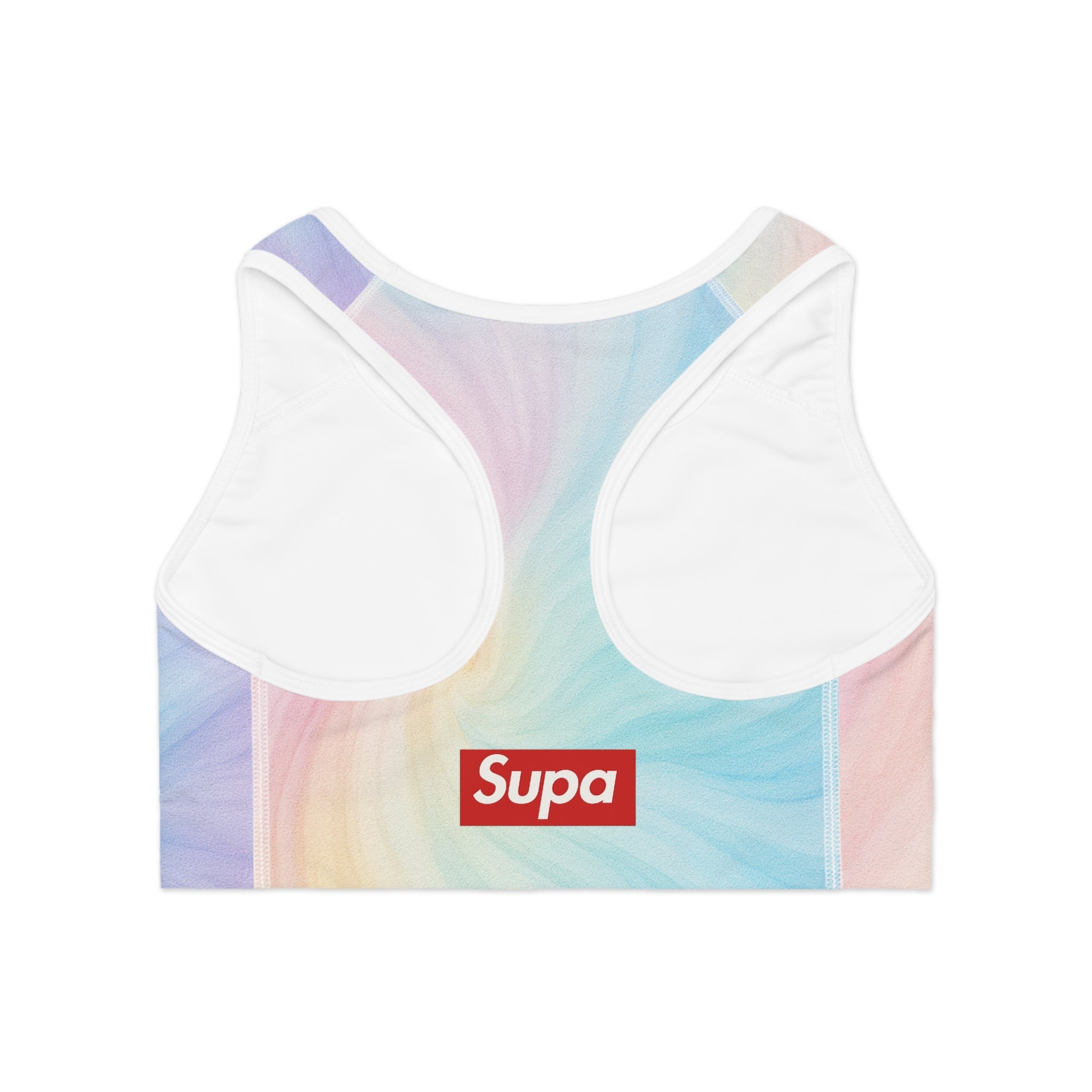 Pastel Swirl Sports Bra — Rainbow Tie-Dye Athletic Crop with 'Supa' Logo