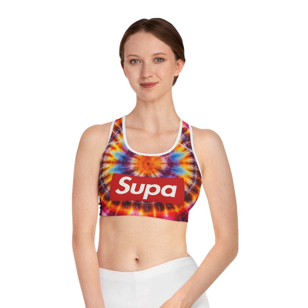 Tie-Dye "Supa" Sports Bra — Colorful Retro Activewear Crop Top
