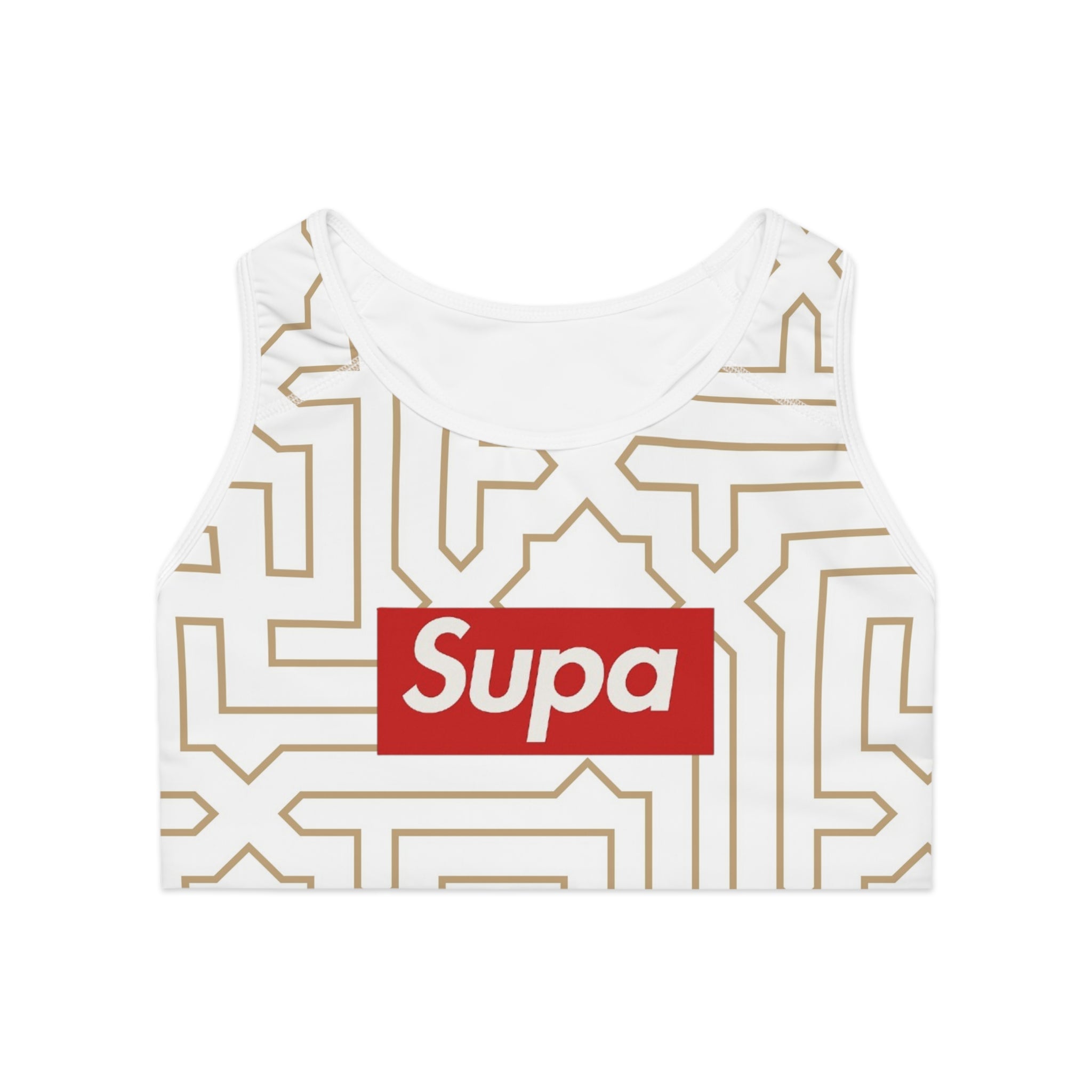 Geometric Gold Maze Sports Bra — 'Supa' Logo Activewear