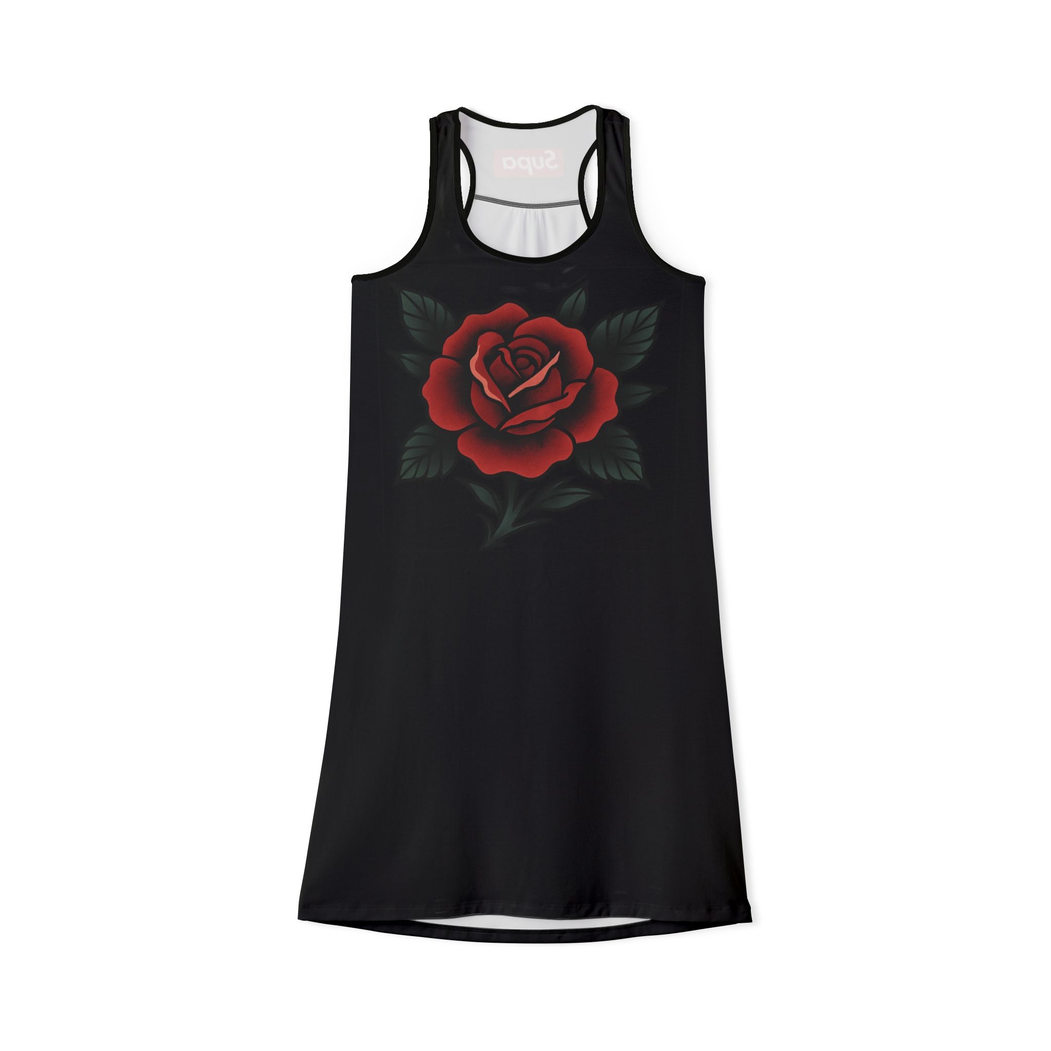 Black Racerback Dress with Vintage Red Rose Graphic — Women's Floral AOP Sundress