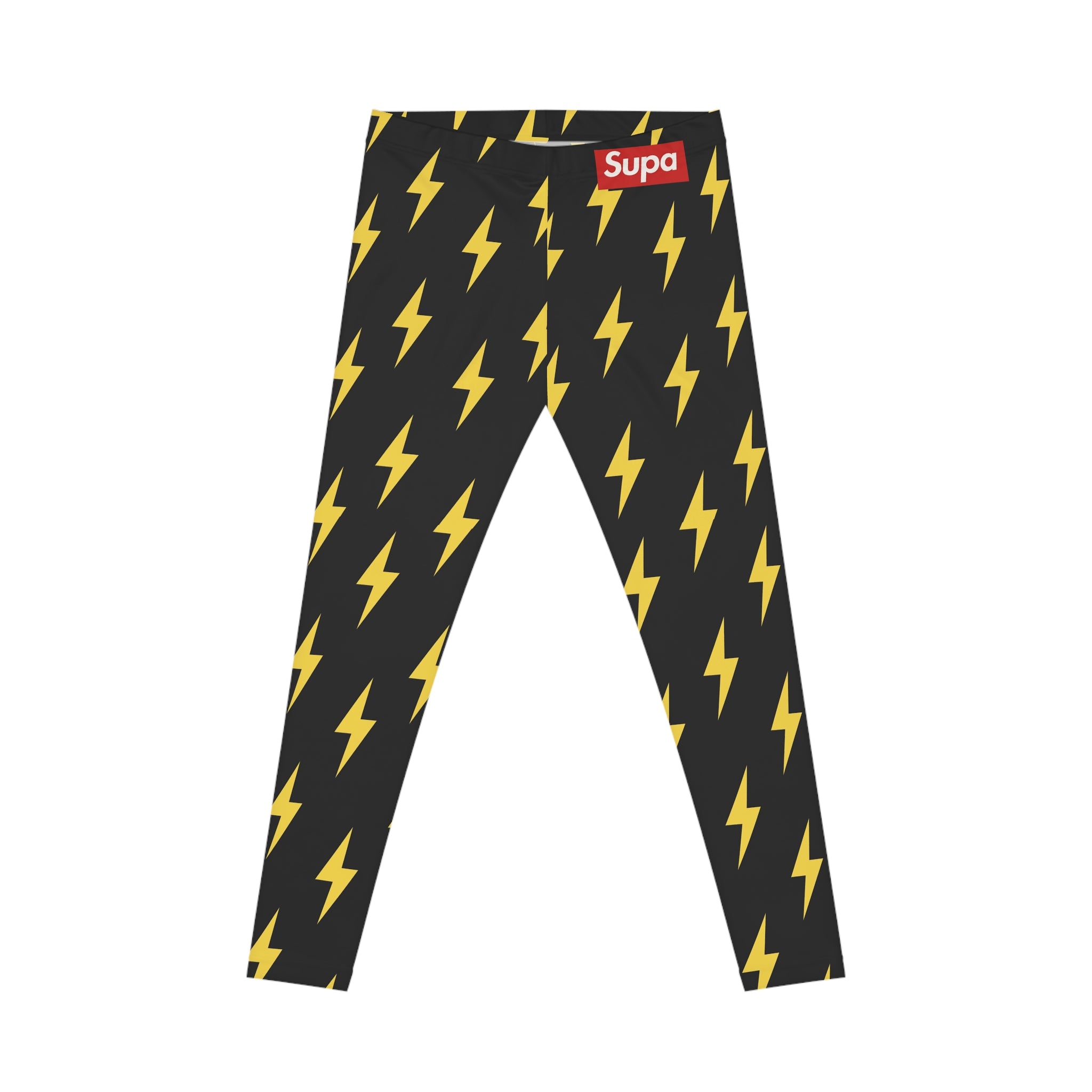 Lightning Bolt Leggings — Black & Yellow All-Over Print Casual Activewear