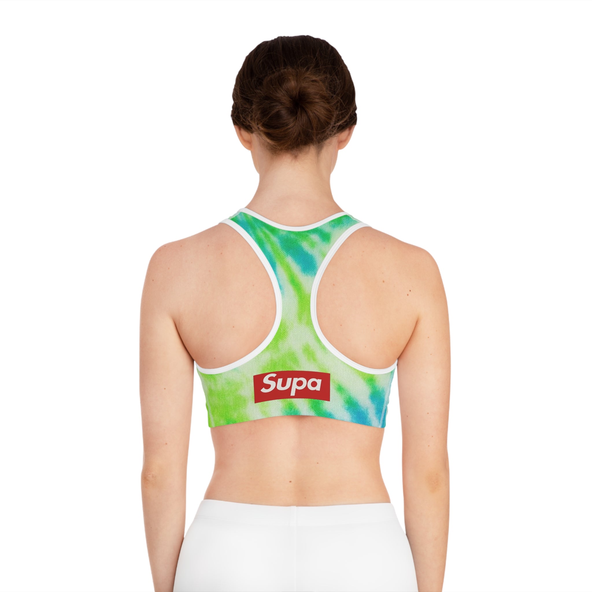 Tie-Dye Sports Bra — Green Blue Spiral Activewear with ‘Supa’ Logo