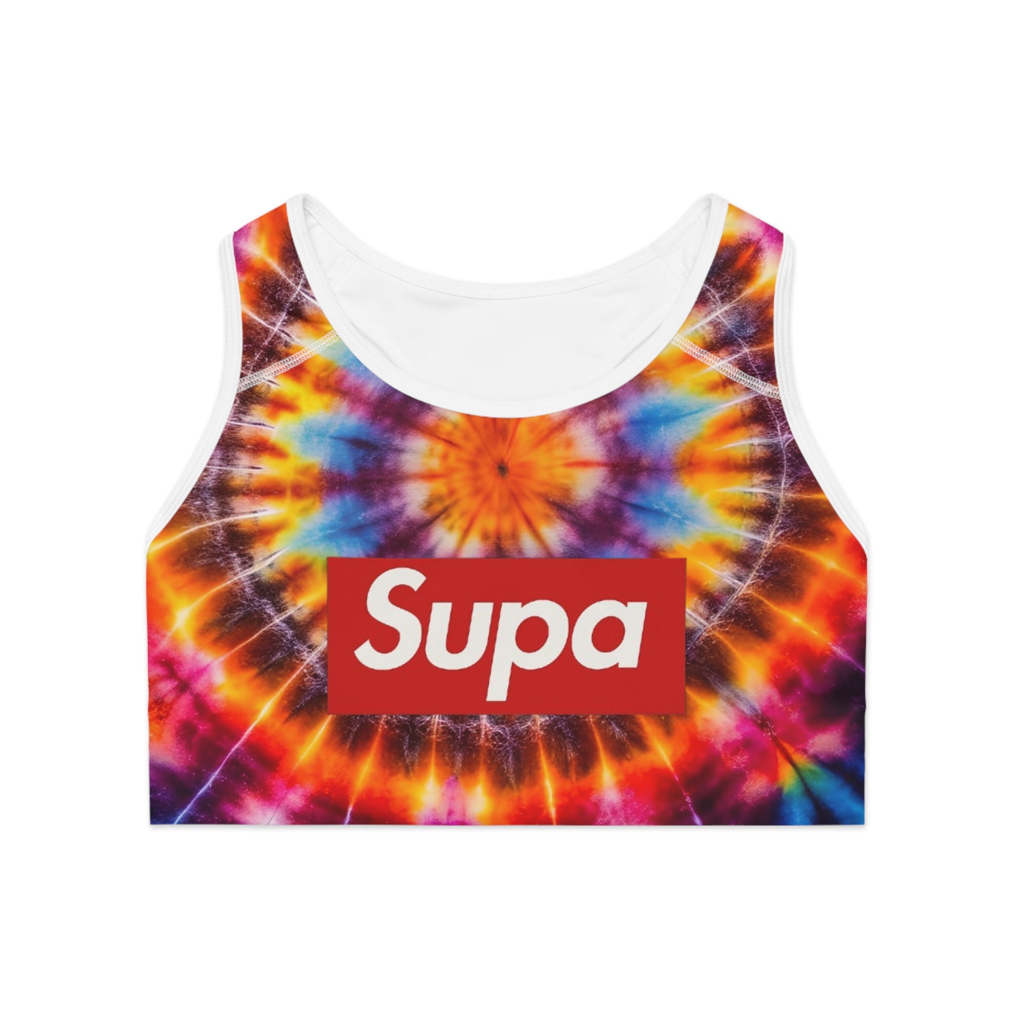 Tie-Dye "Supa" Sports Bra — Colorful Retro Activewear Crop Top