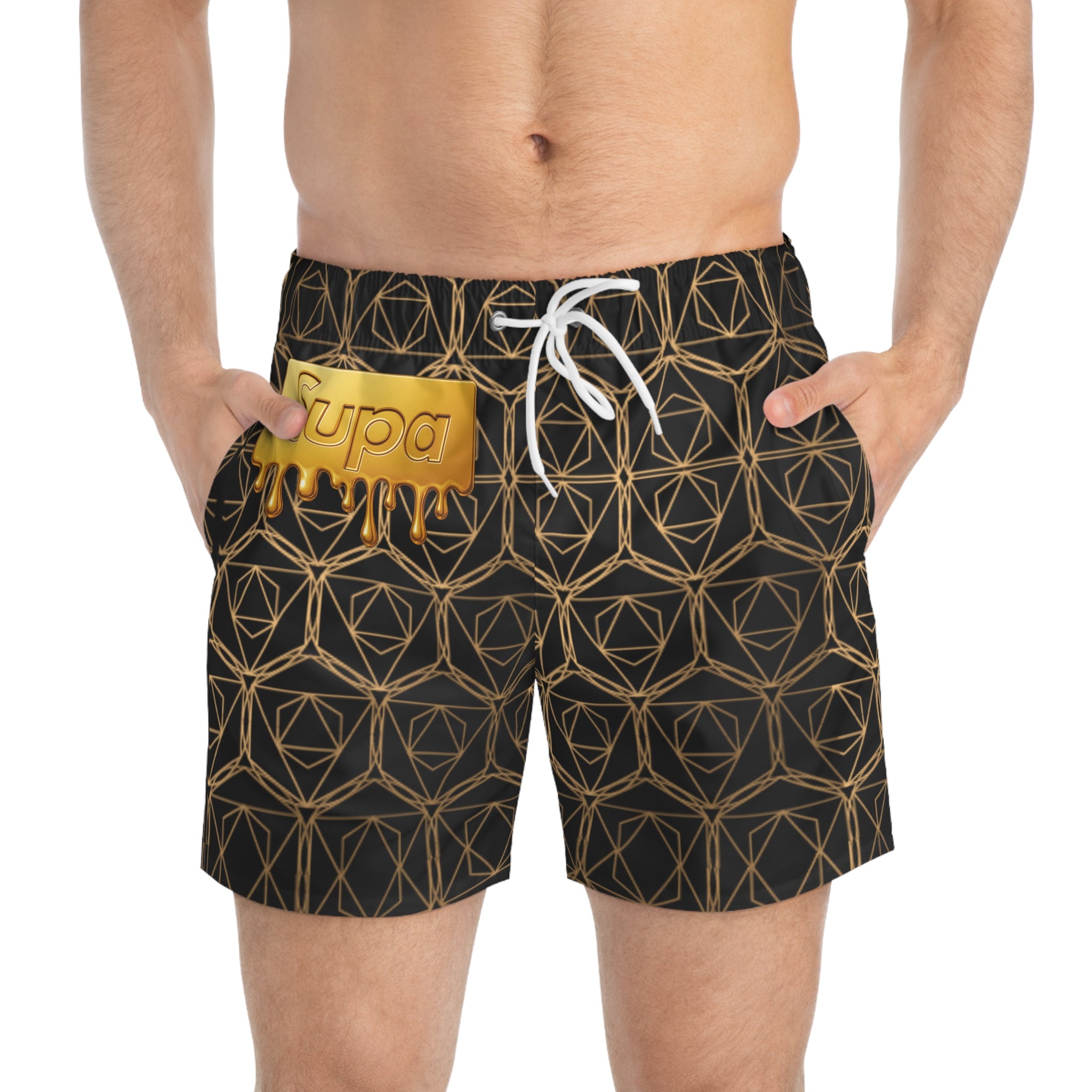 Gold Geometric Swim Trunks — Black & Metallic Patterned Swim Shorts
