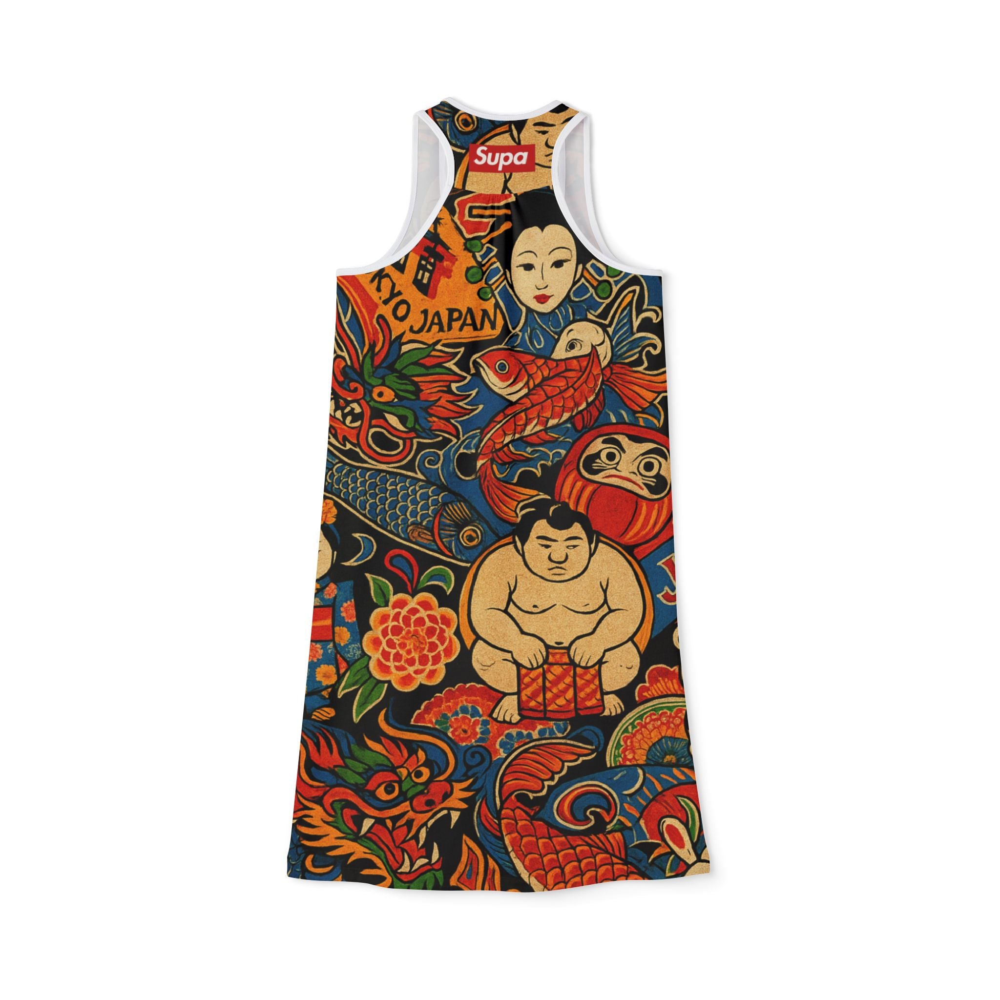 Japanese Tattoo-Inspired Racerback Dress — Koi, Daruma & Sumo Print