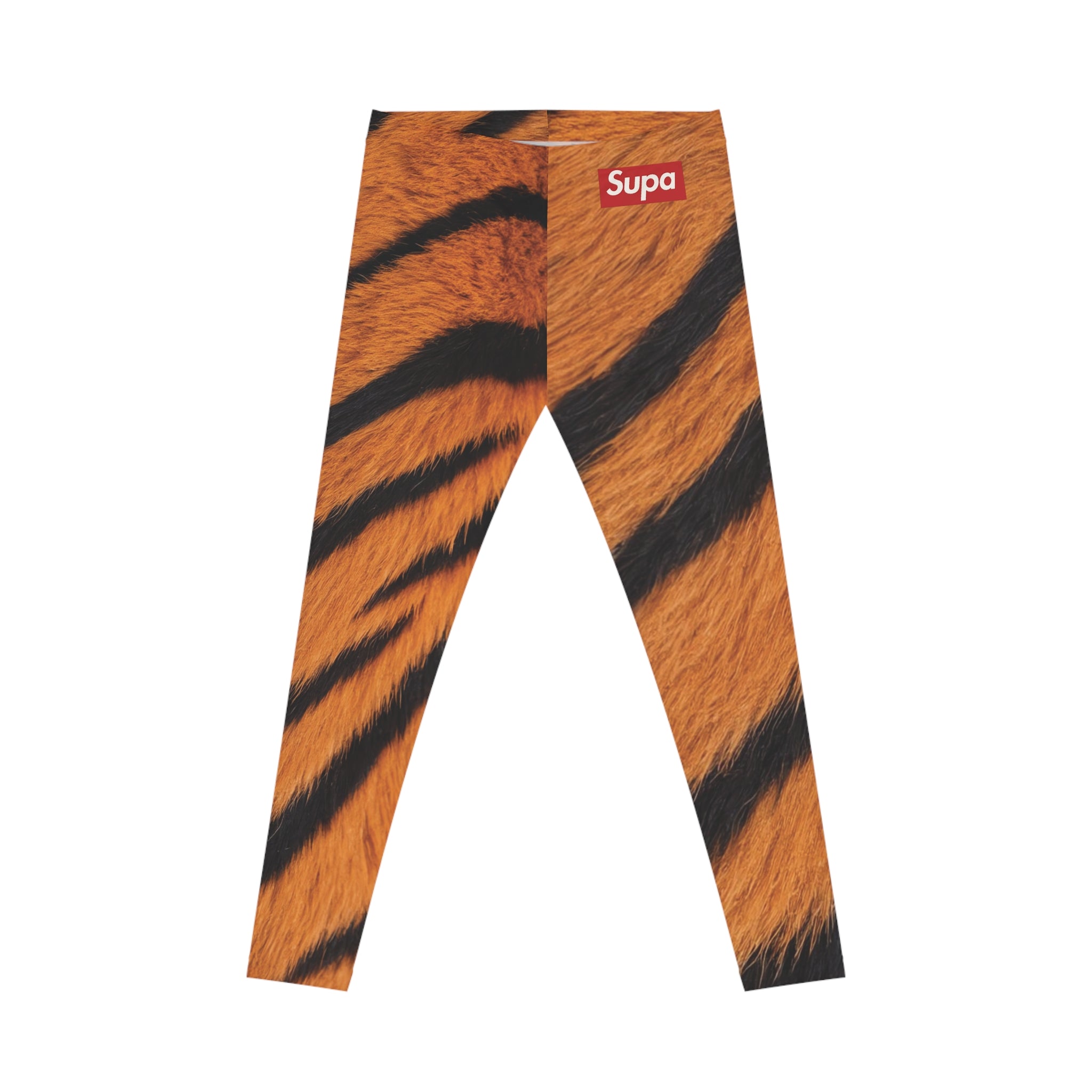 Tiger Print Leggings — Women's Bold Animal-Print AOP with 'Supa' Accent