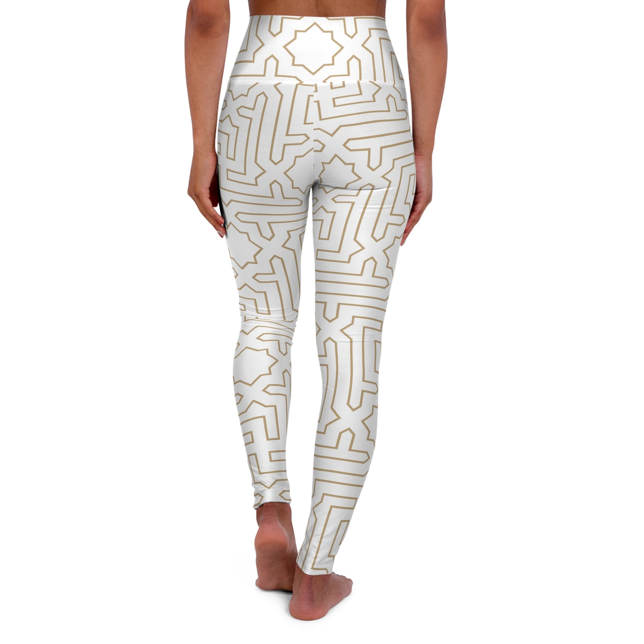 High-Waist Yoga Leggings — Cream Geometric Maze Print with ‘Supa’ Logo