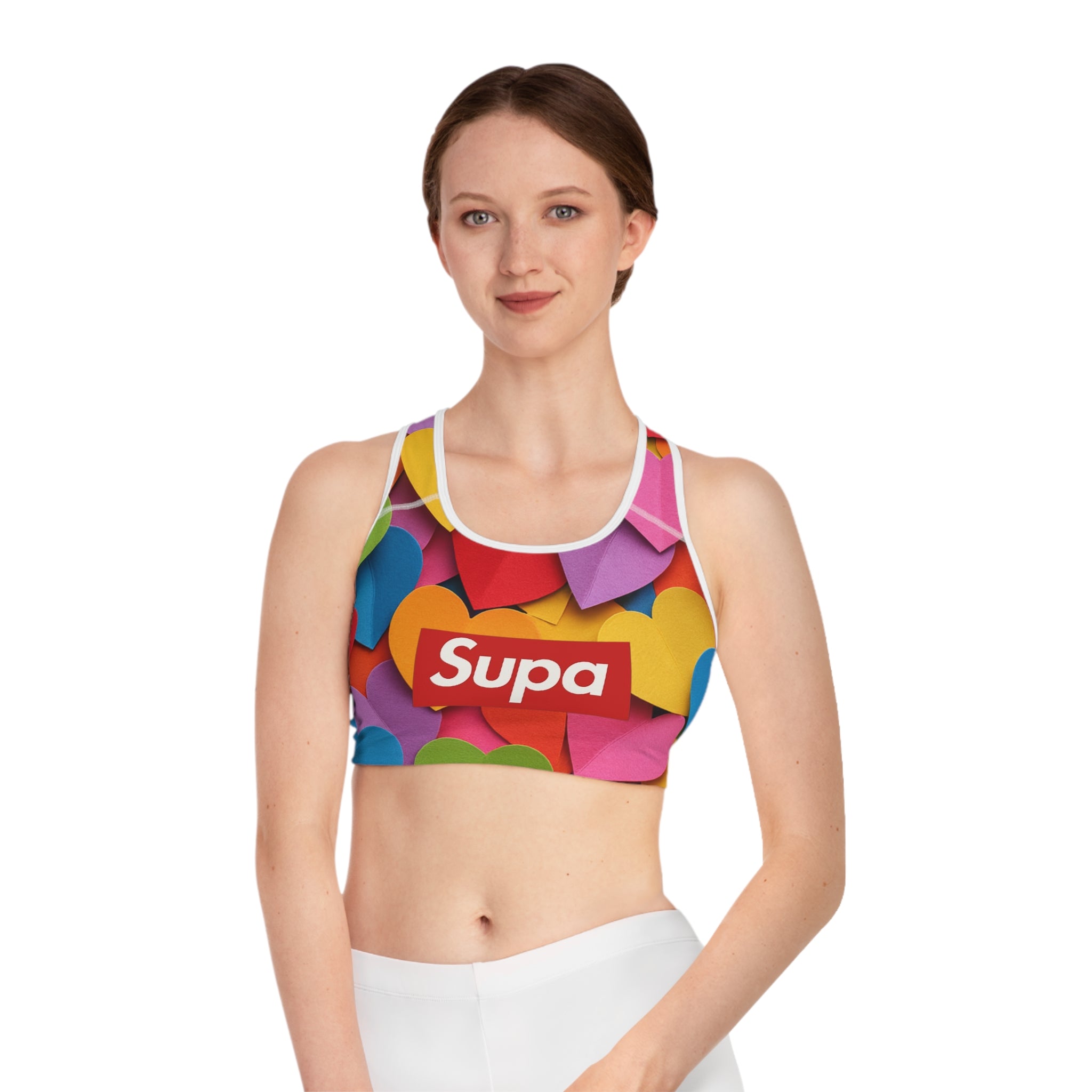 Colorful Heart Print Sports Bra — "Supa" Logo Activewear