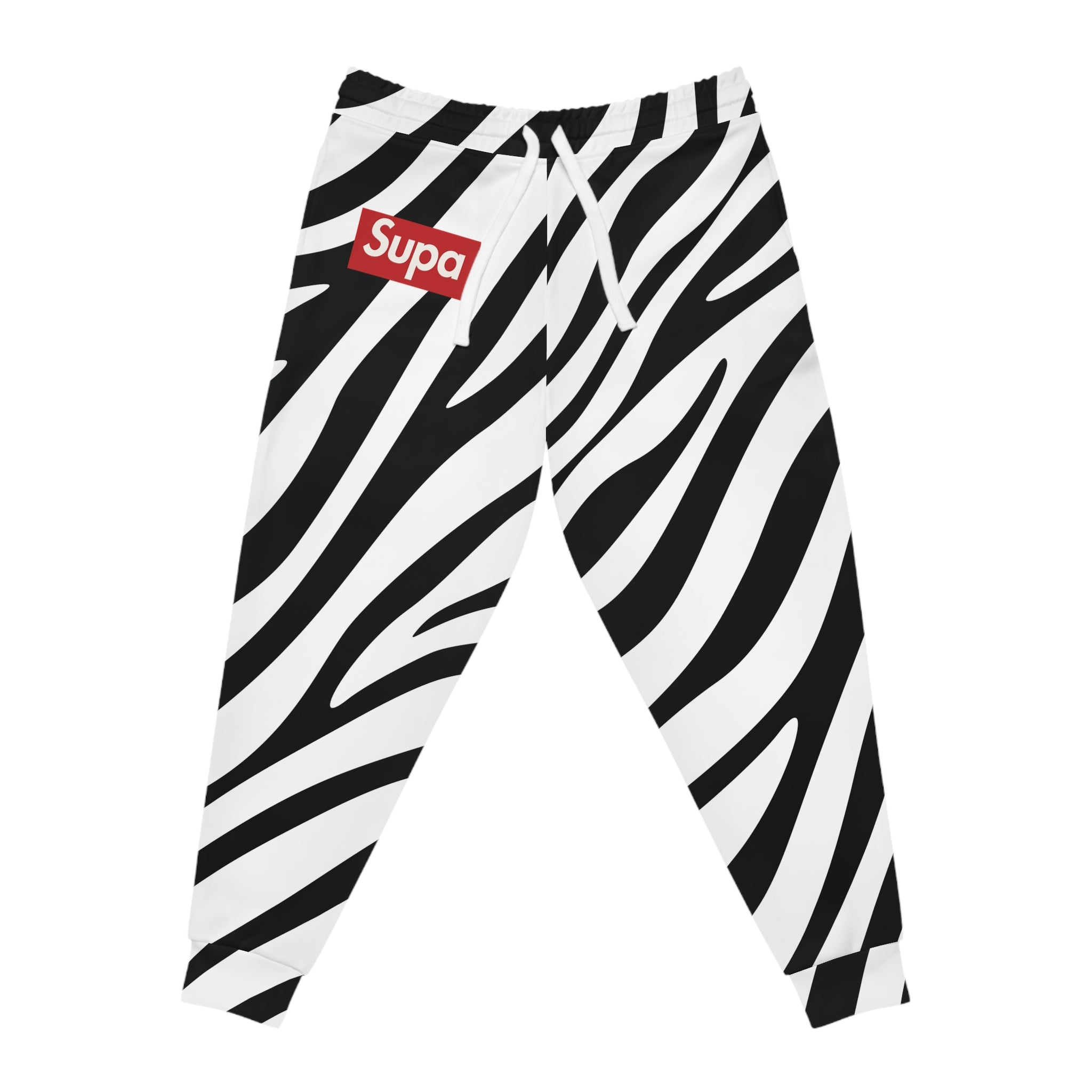 Zebra Print Athletic Joggers — Black & White AOP Sweatpants with "Supa" Accent
