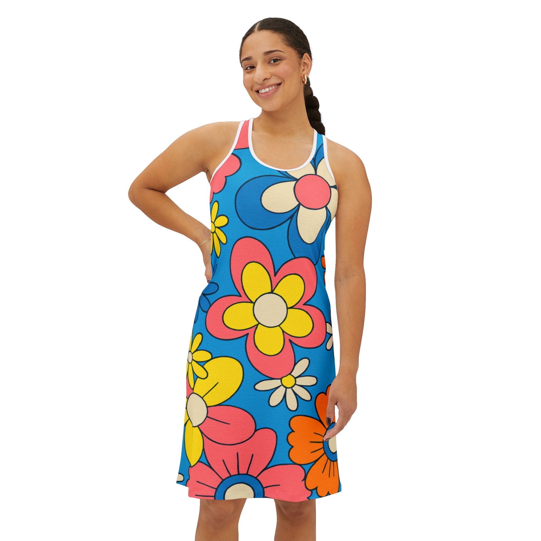 Retro Floral Racerback Dress - 60s-Inspired Bright Flower Print
