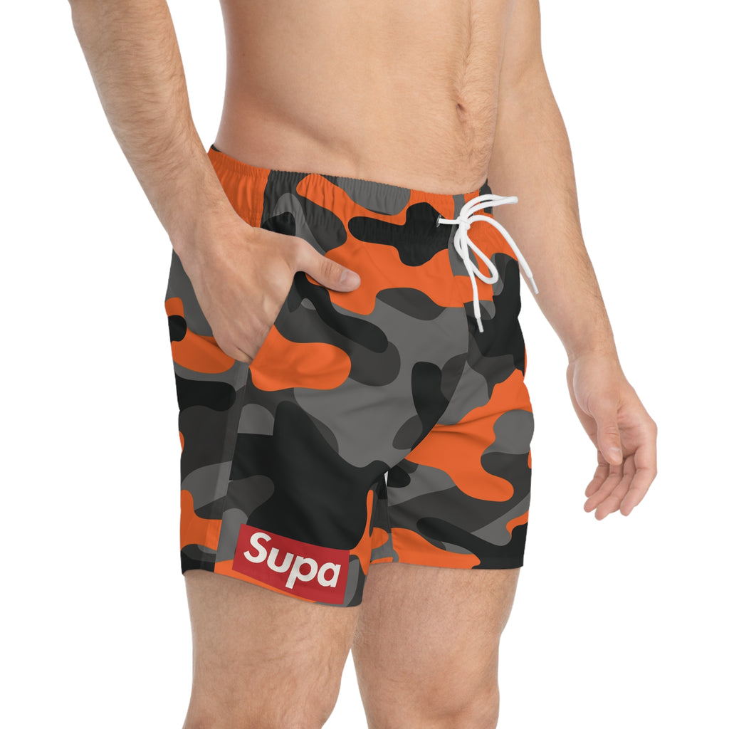 Camo Swim Trunks — Orange & Gray All-Over Print