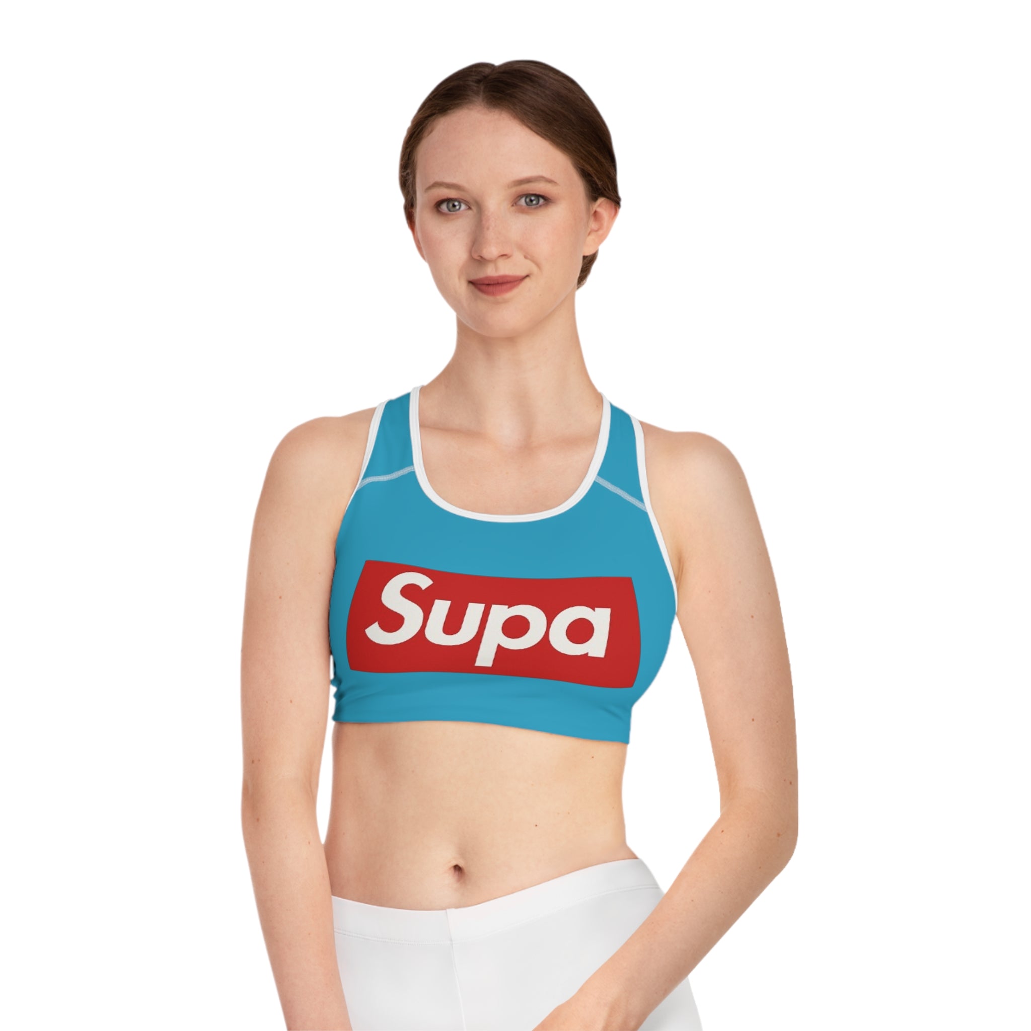 Supa Logo Blue Athletic Sports Bra — Retro Streetwear Active Crop Top