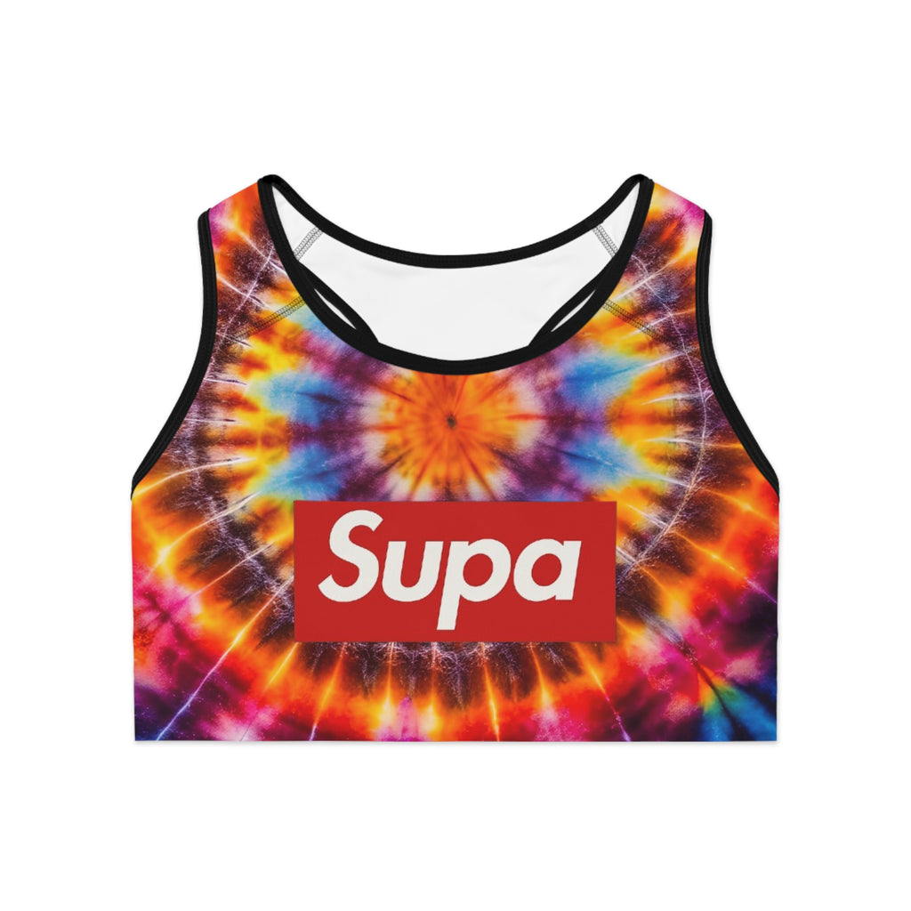 Tie-Dye "Supa" Sports Bra — Colorful Retro Activewear Crop Top