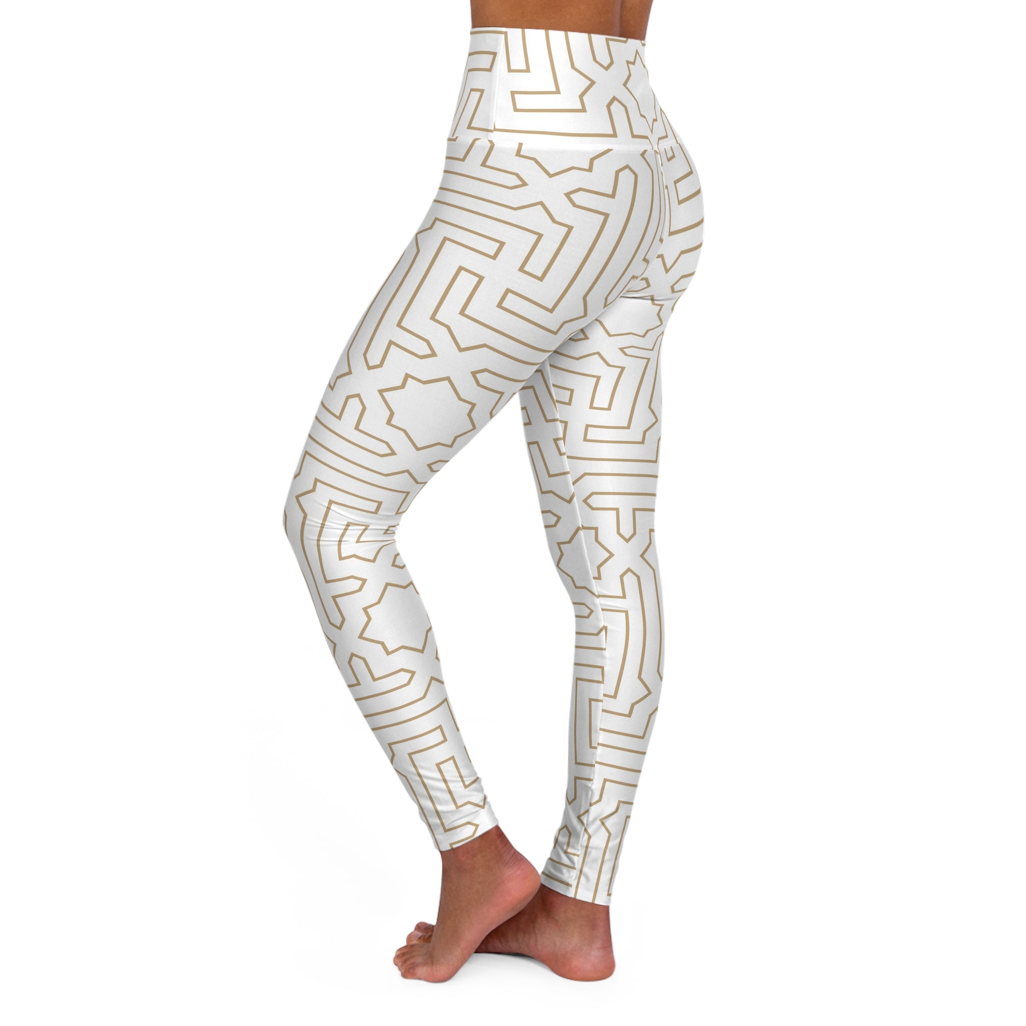 High-Waist Yoga Leggings — Cream Geometric Maze Print with ‘Supa’ Logo