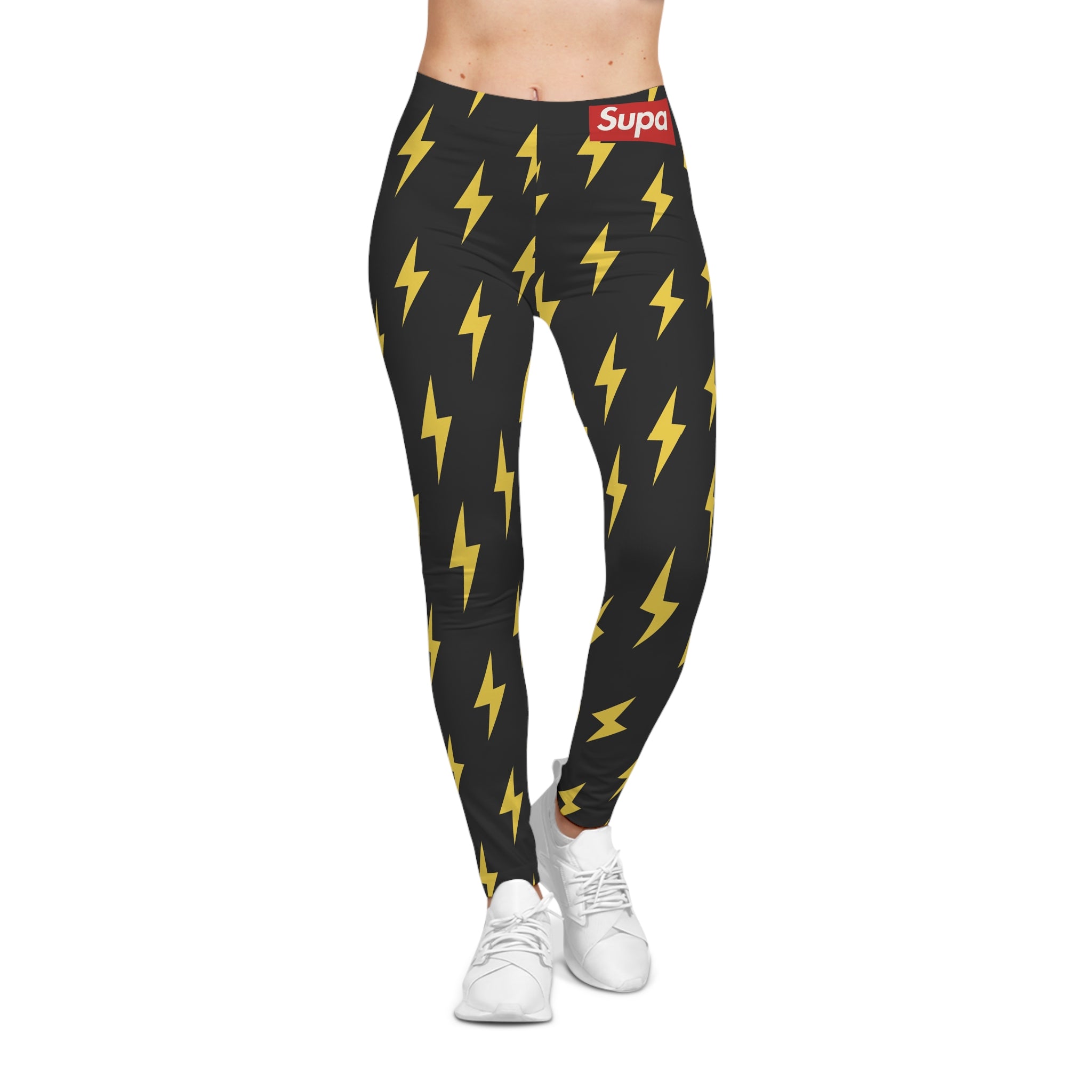 Lightning Bolt Leggings — Black & Yellow All-Over Print Casual Activewear