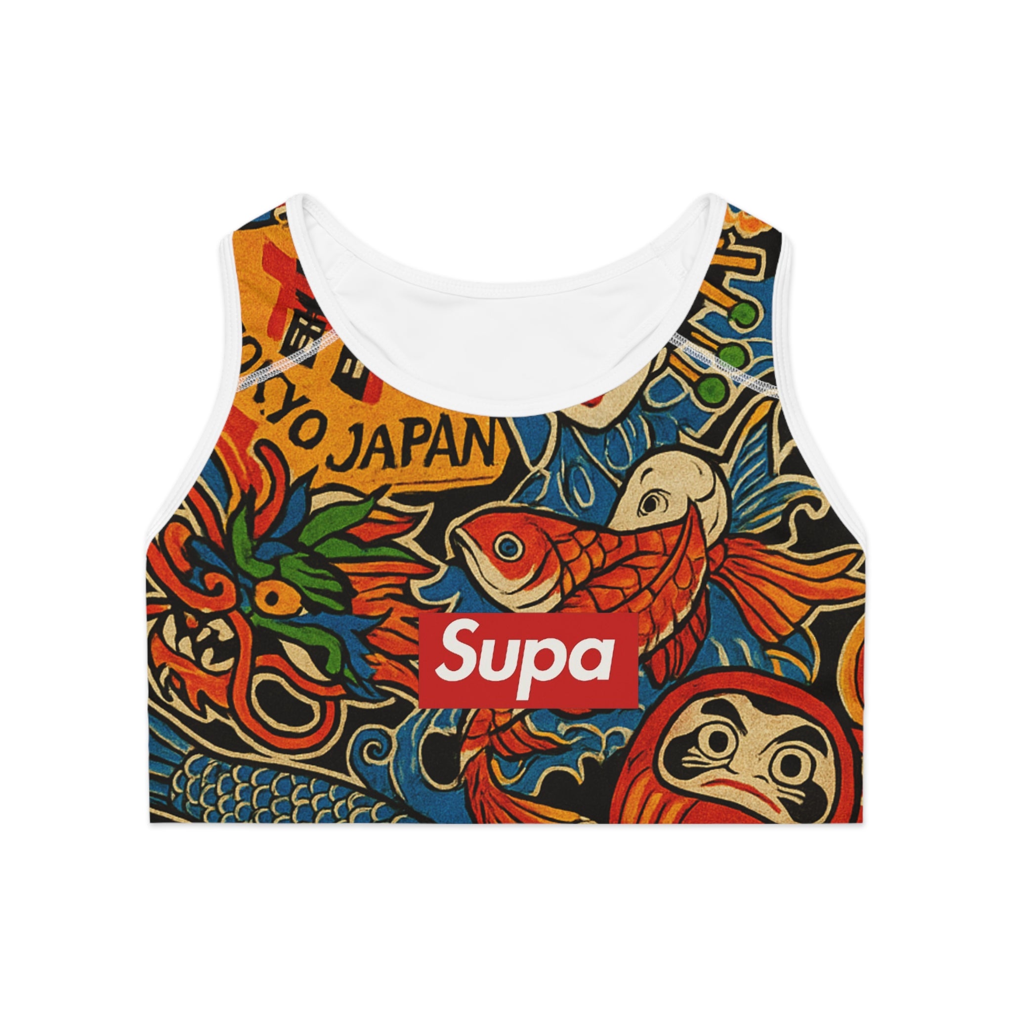 Japanese Tattoo Koi Sports Bra — Vibrant Koi, Daruma & Geisha AOP Activewear