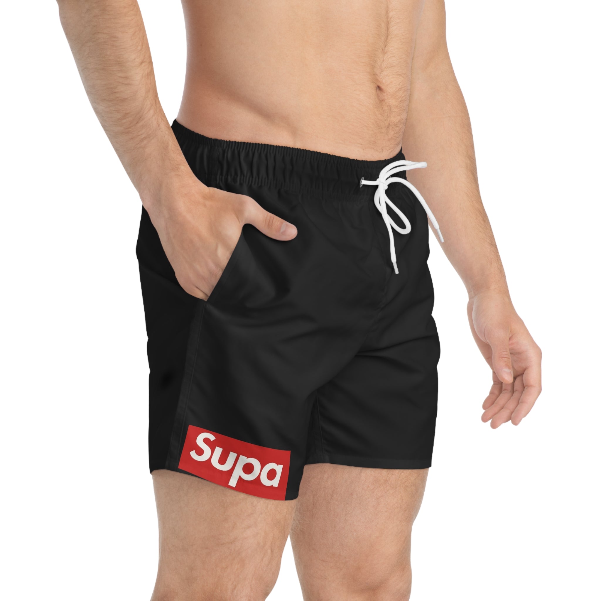 Swim Trunks — Black 'Supa' Logo Stylish Beach Shorts