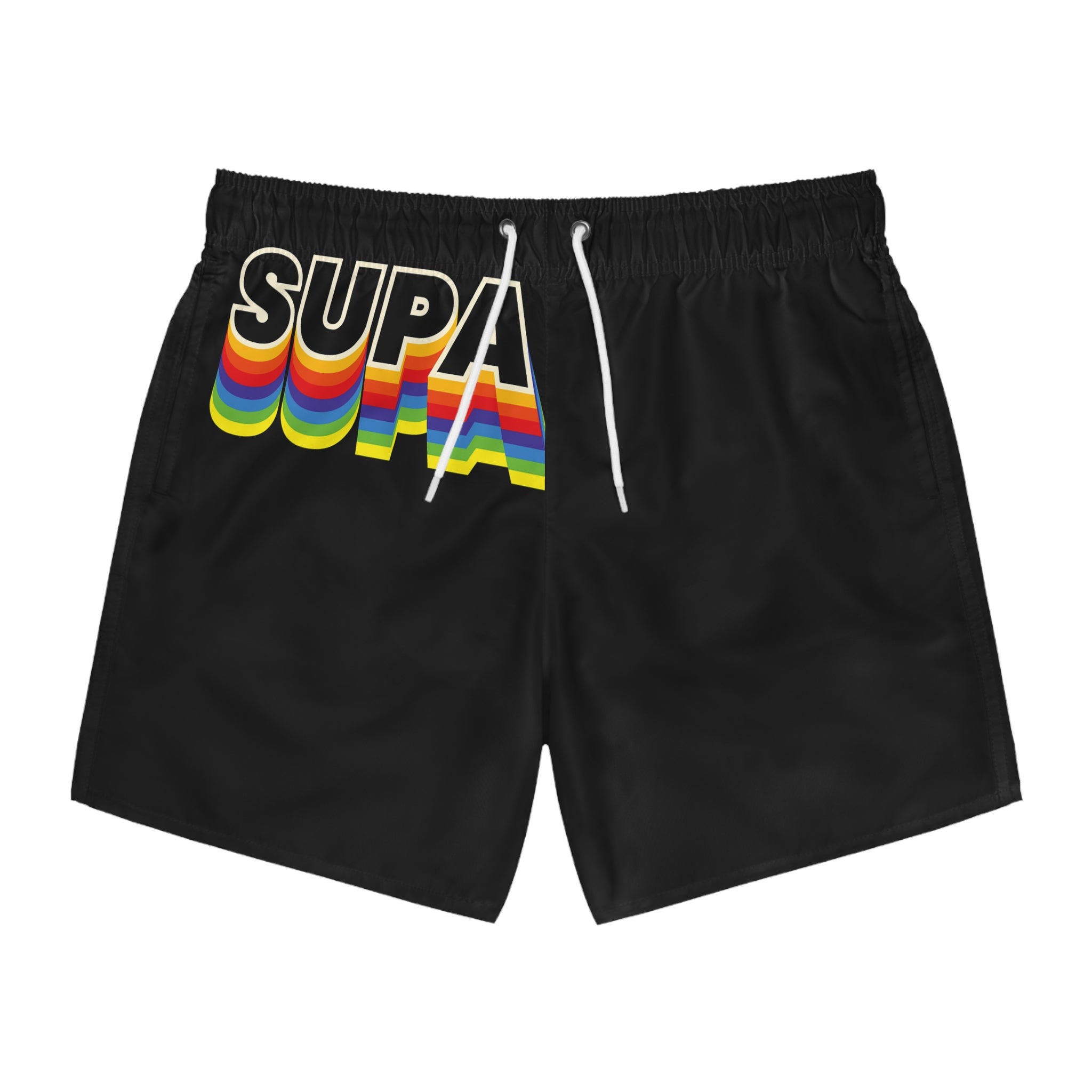 Retro Rainbow 'SUPA' Swim Trunks - Black Beach Shorts