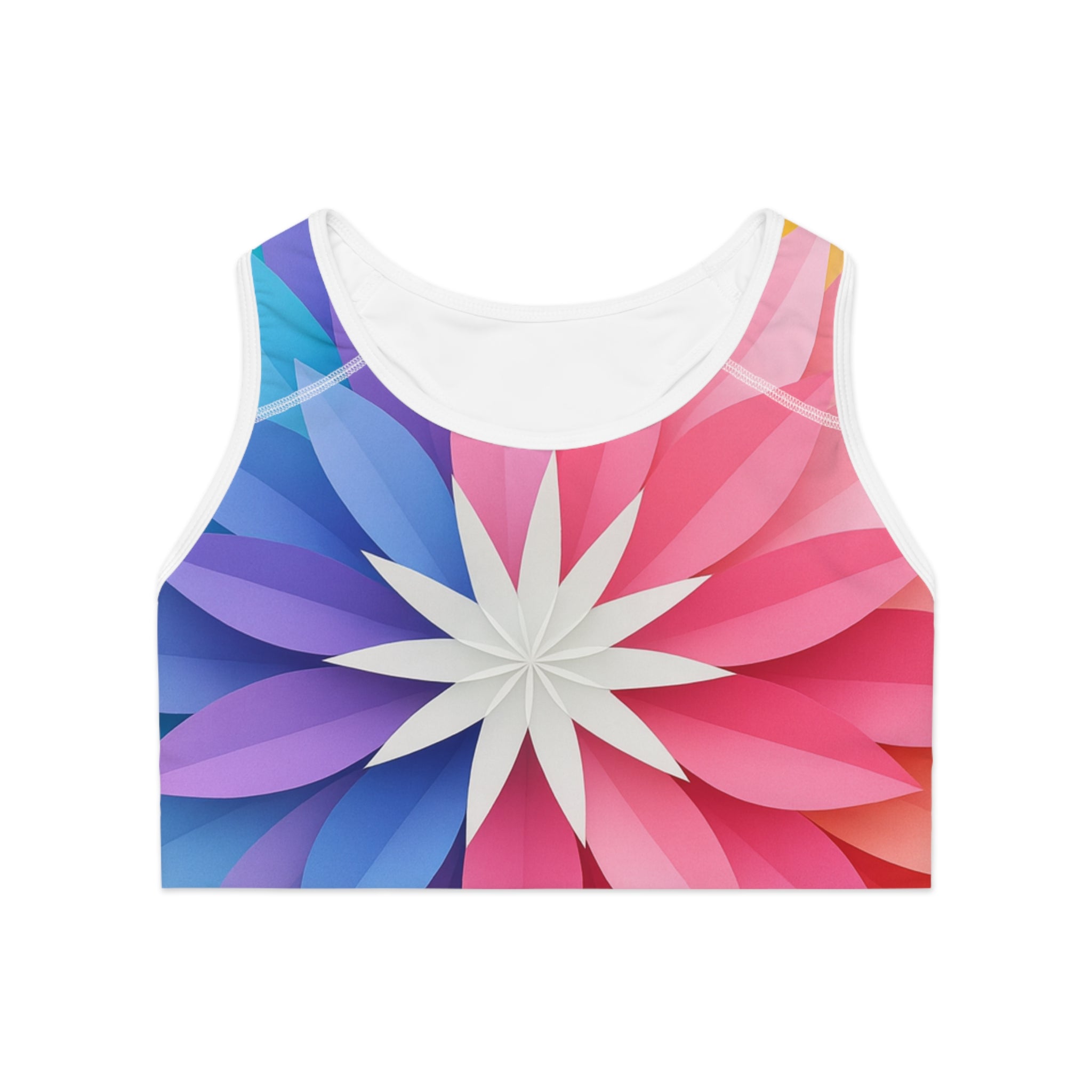 Floral Burst Sports Bra — Vibrant Rainbow Geometric Activewear