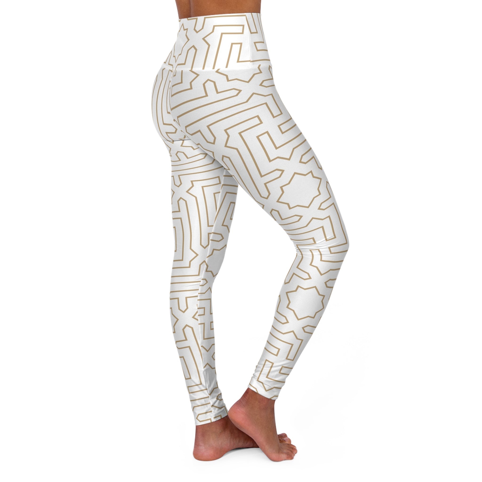 High-Waist Yoga Leggings — Cream Geometric Maze Print with ‘Supa’ Logo