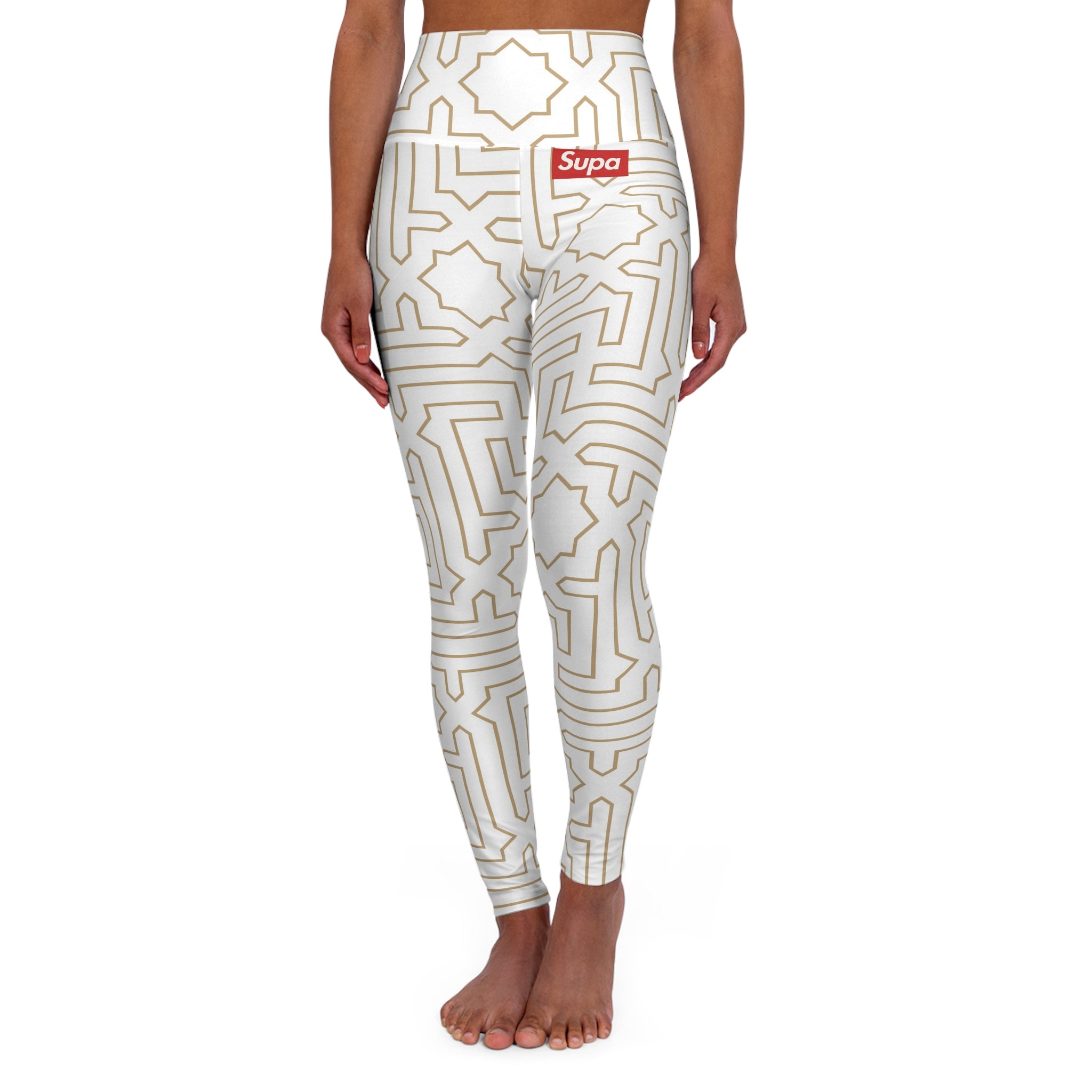 High-Waist Yoga Leggings — Cream Geometric Maze Print with ‘Supa’ Logo