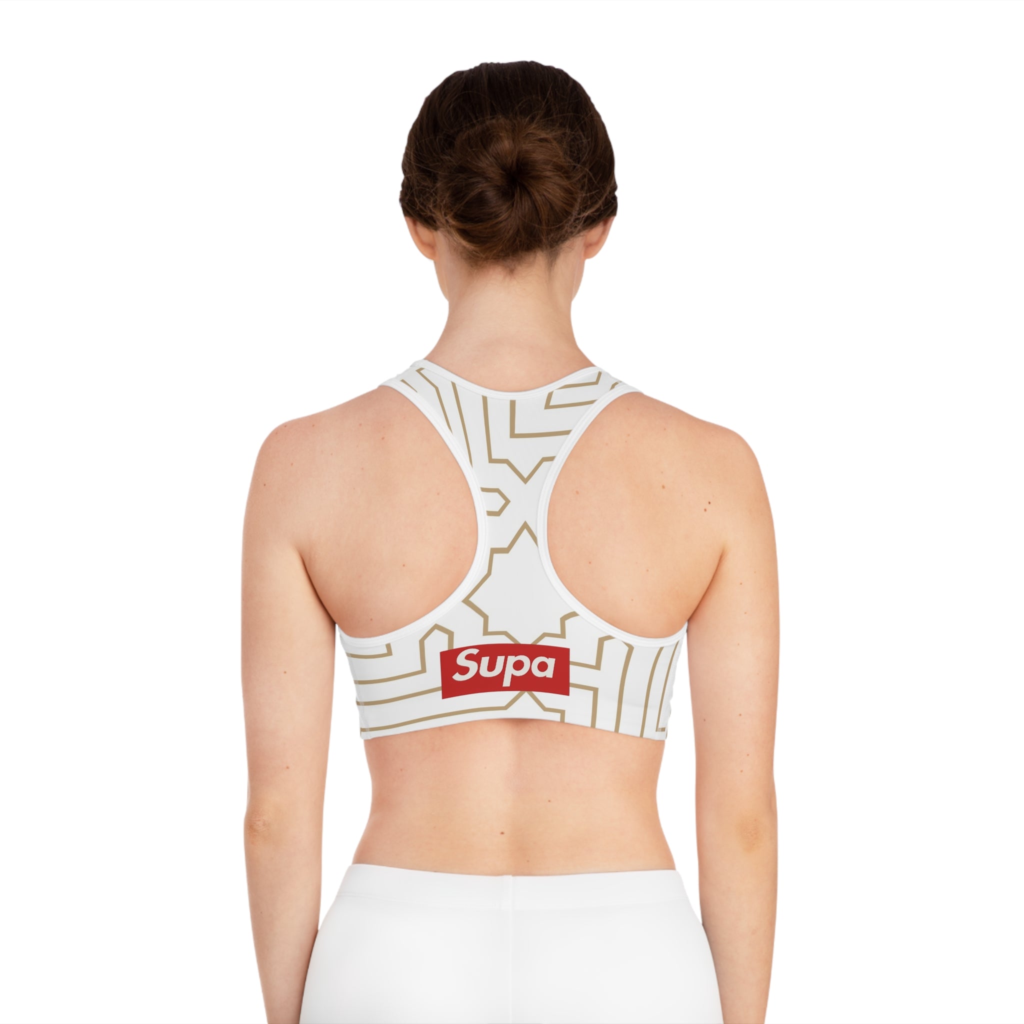 Geometric Gold Maze Sports Bra — 'Supa' Logo Activewear