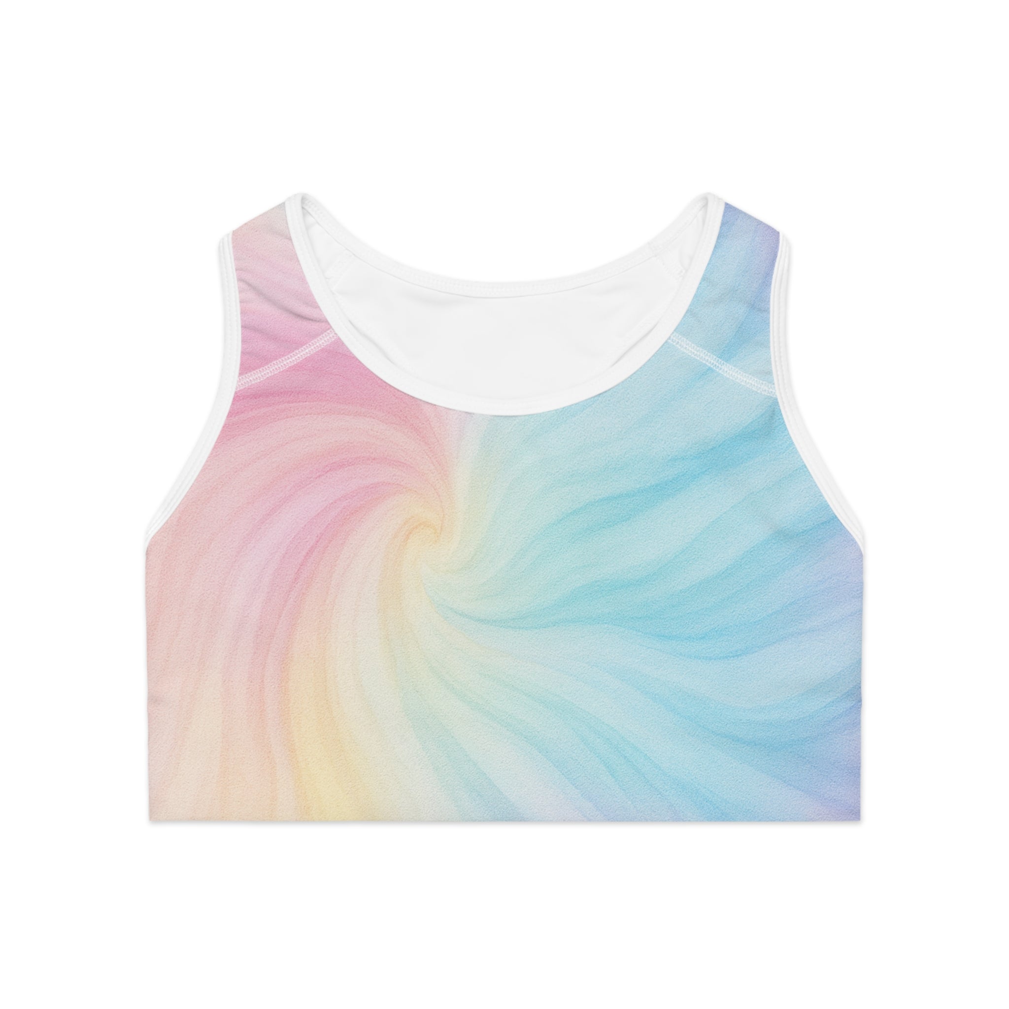 Pastel Swirl Sports Bra — Rainbow Tie-Dye Athletic Crop with 'Supa' Logo