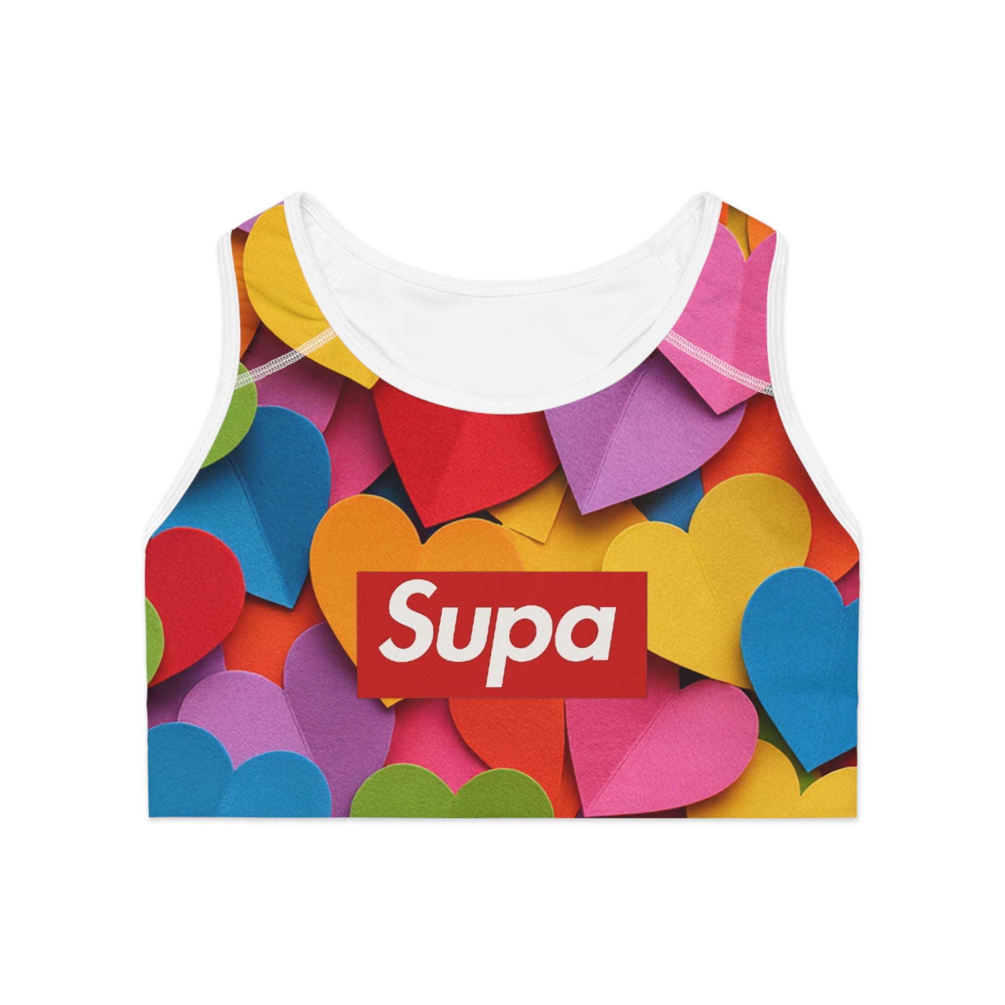 Colorful Heart Print Sports Bra — "Supa" Logo Activewear